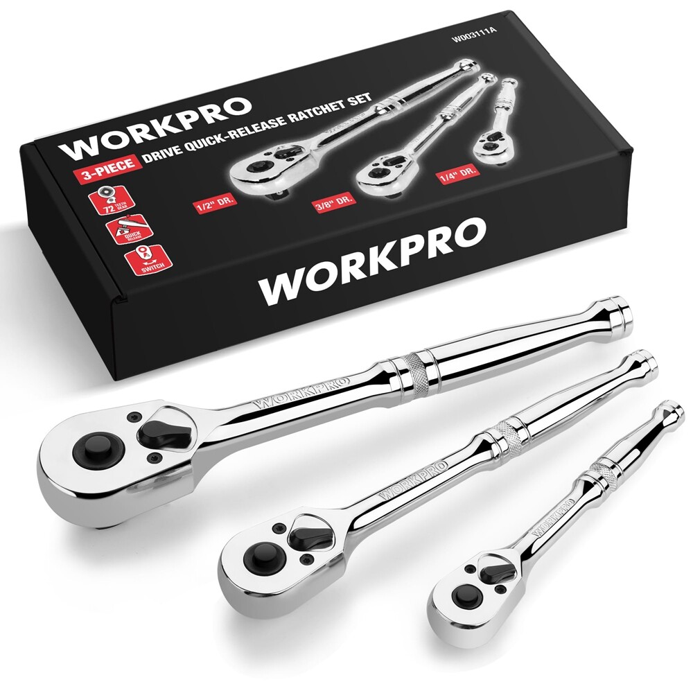 WORKPRO 3PCS Ratchet Set Quick Release 72-Tooth 1/4″ 3/8″ 1/2″ Dr Ratchet Handle
