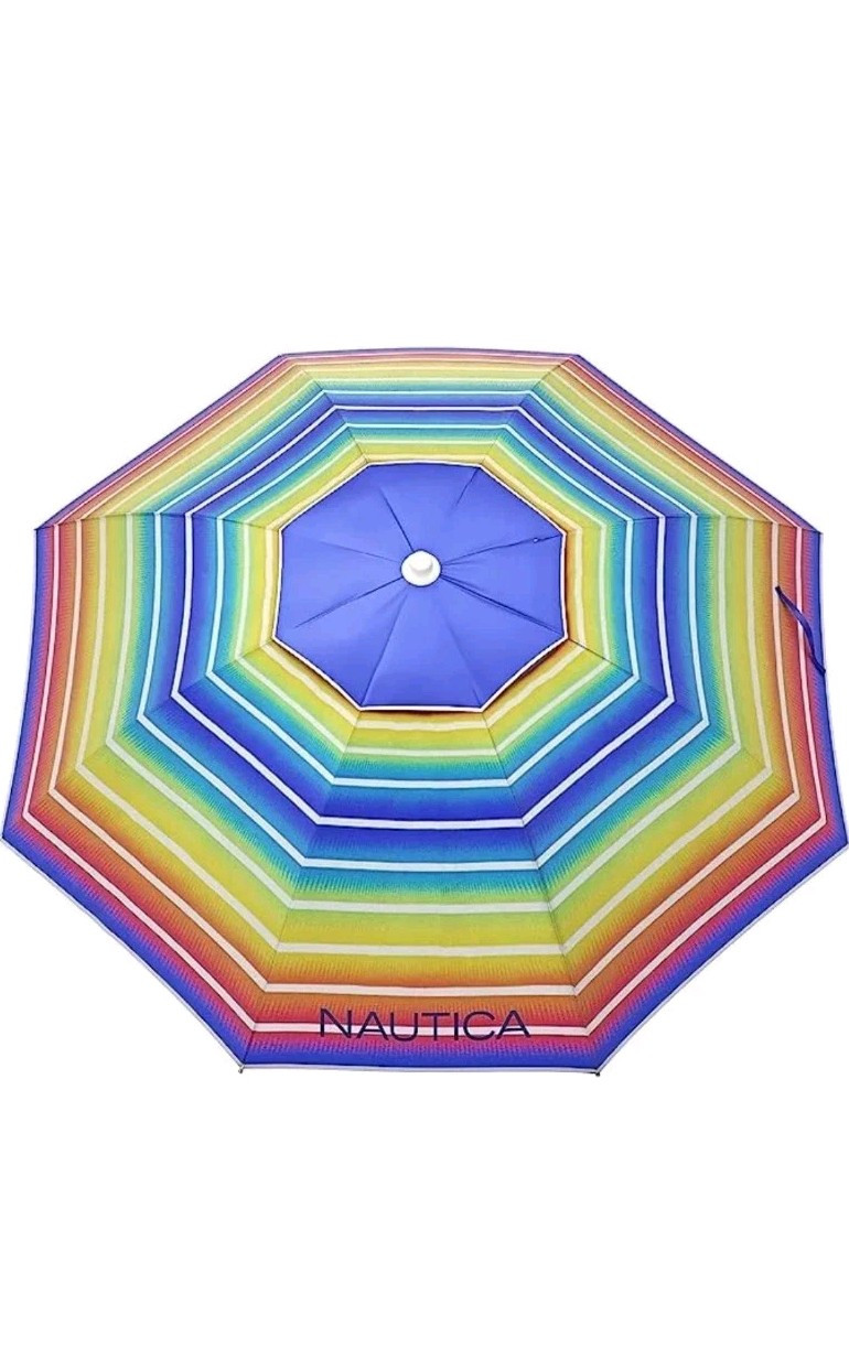 Nautica 7ft Rainbow Stripe Beach Umbrella – UPF 50 – New