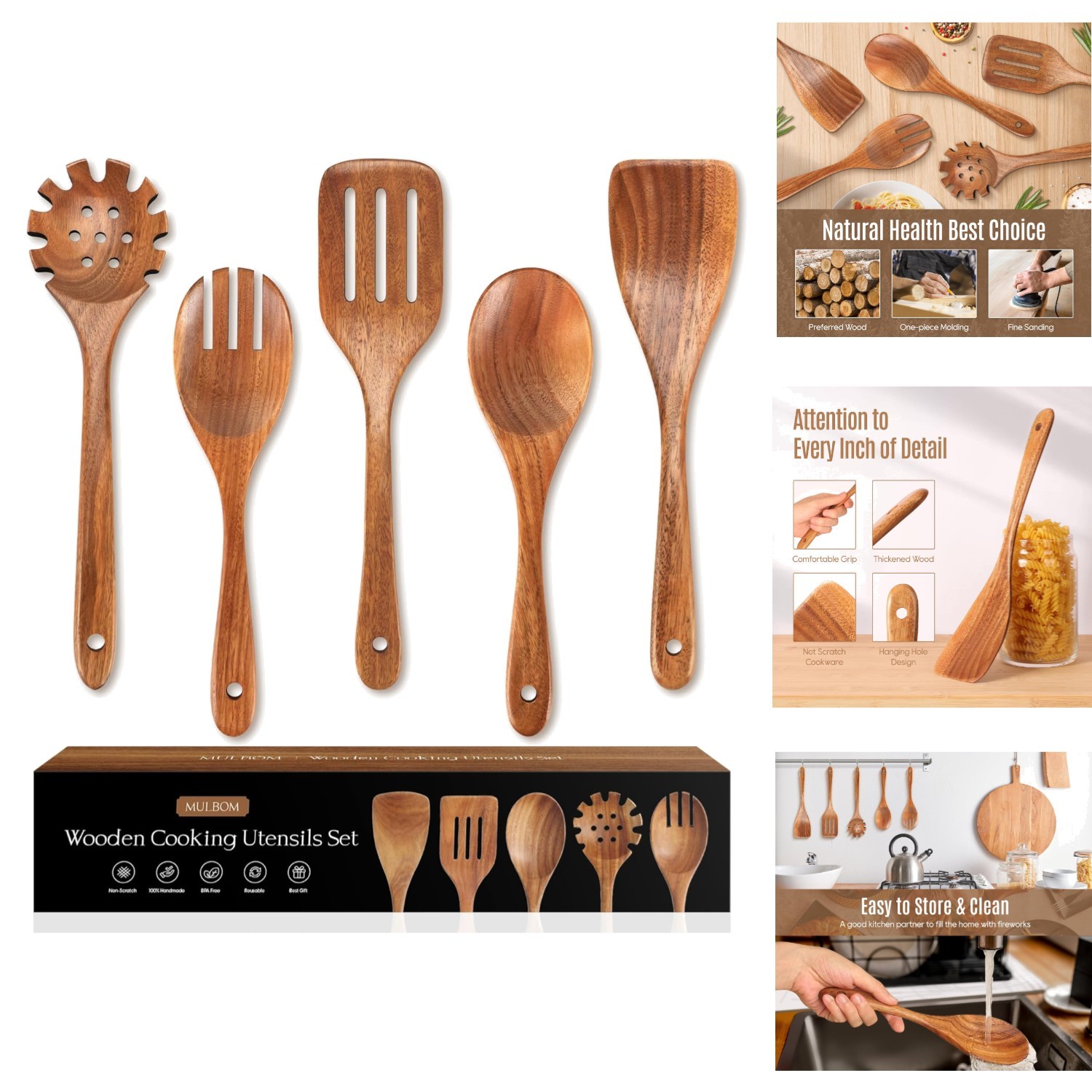 5-Piece Teak Wooden Kitchen Utensil Set Natural Non-Stick Cooking Spoon Spatulas