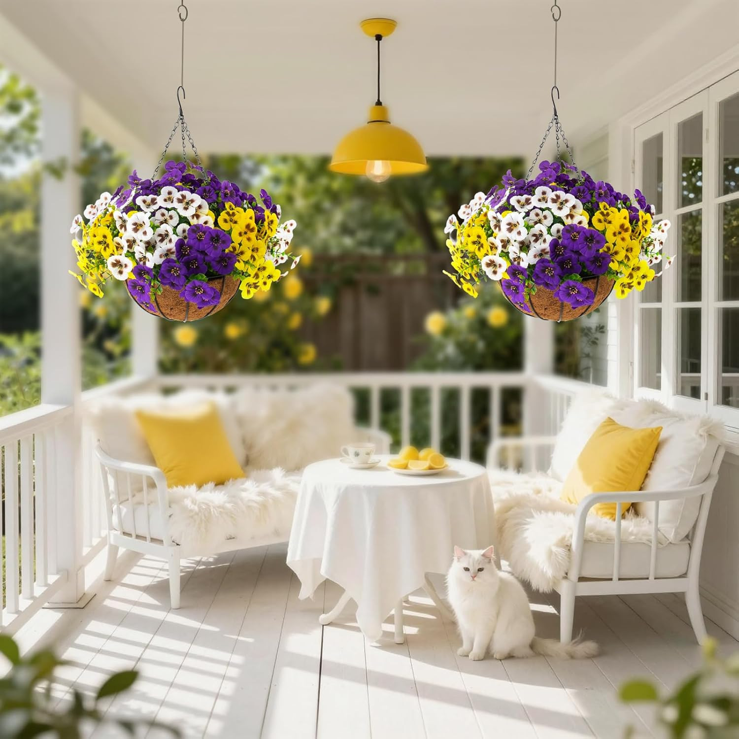 2 Sets Artificial Hanging Pansy Flowers with Baskets, 24 Pcs UV Resistant Faux S