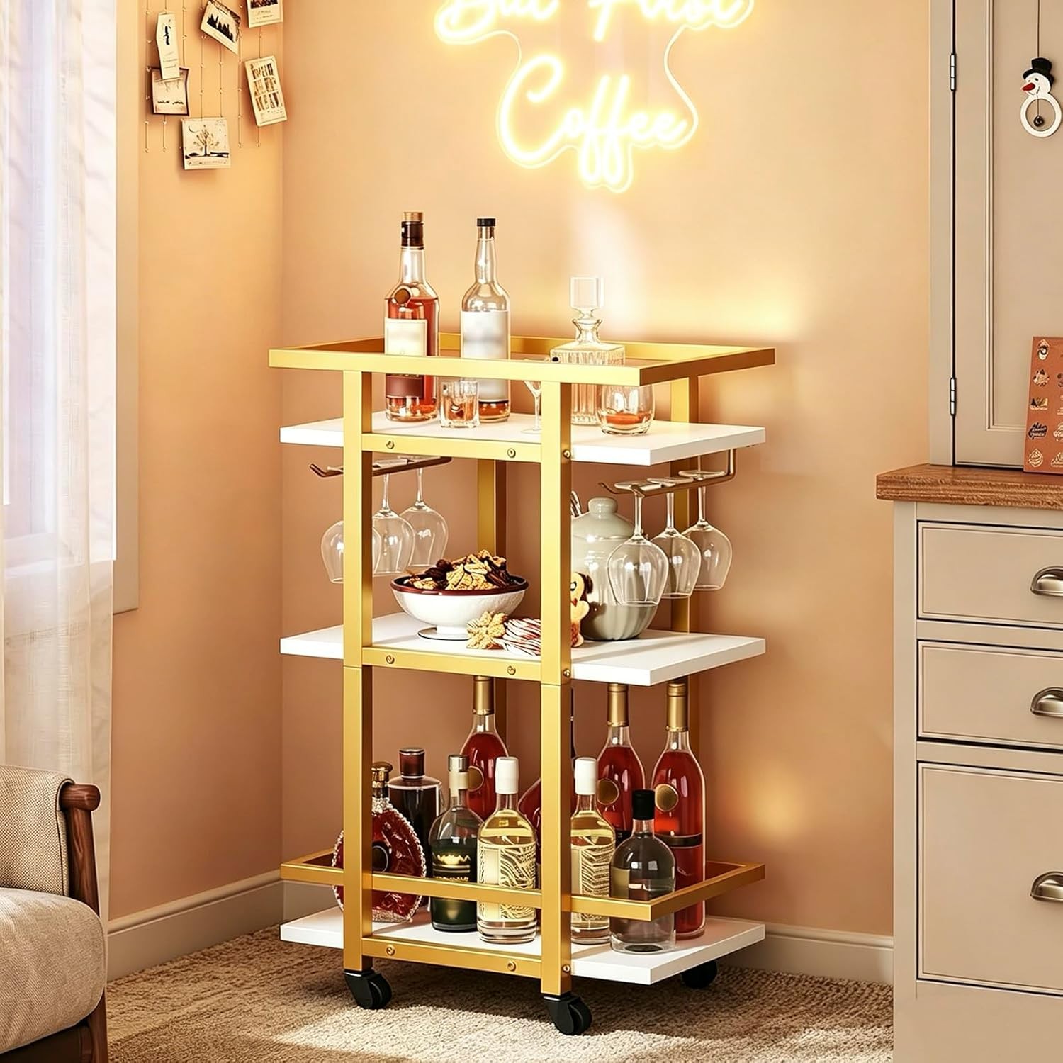 3 Tier Bar Cart, Home Bar Serving Cart with Wheels, Drink Cart with Glass