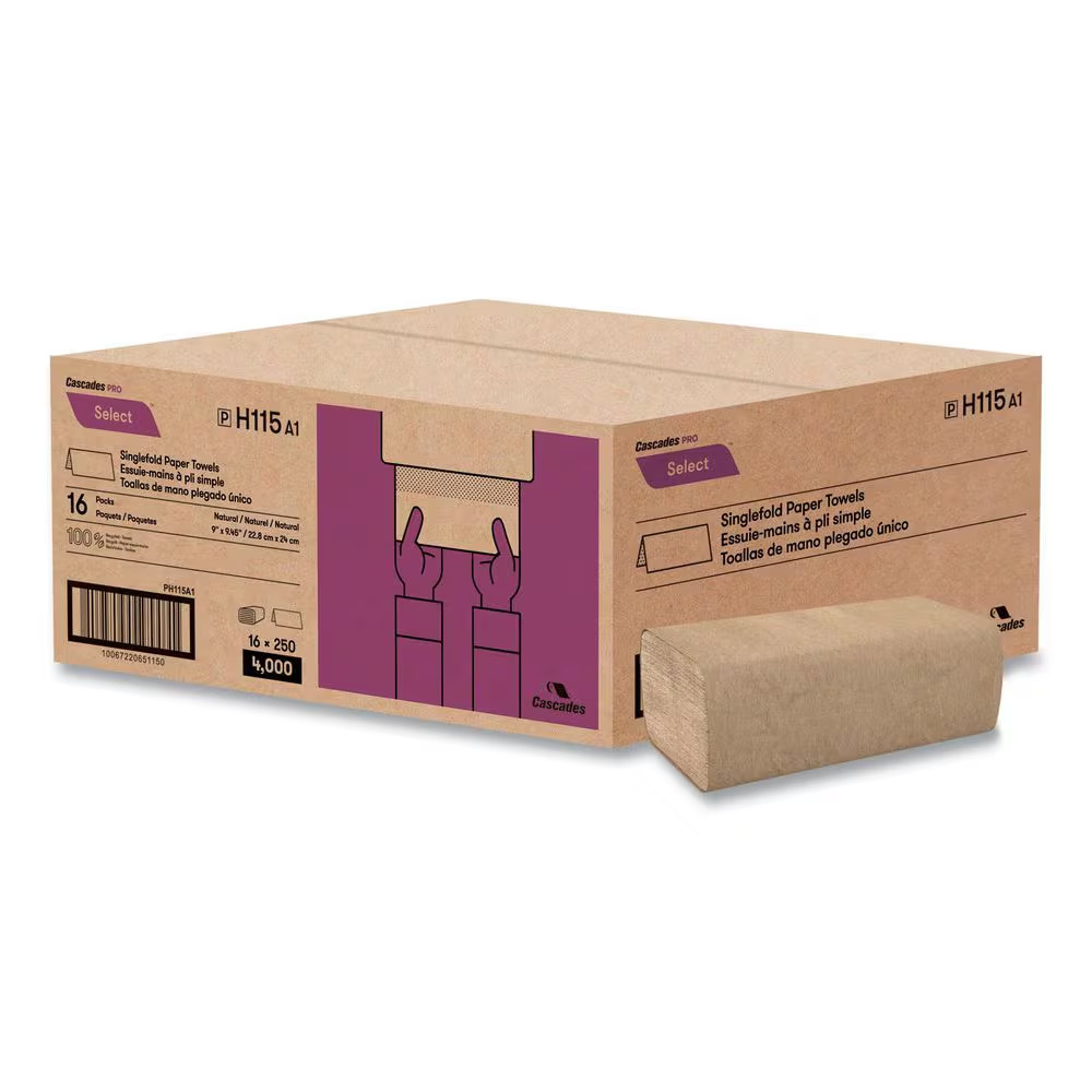 Select Folded Paper Towels, Singlefold, Natural, 9 In. X 9.45 In., (250-Pack, 16