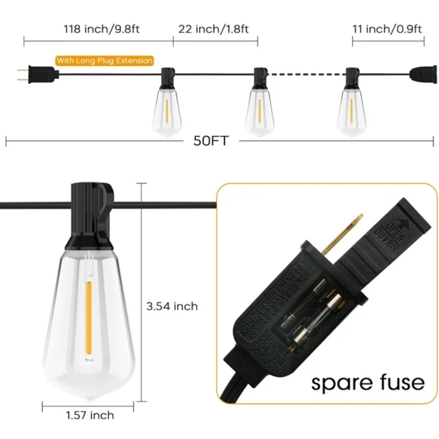 50FT – 800FT LED Outdoor String Lights Dimmable Waterproof ST38 LED Patio Lights