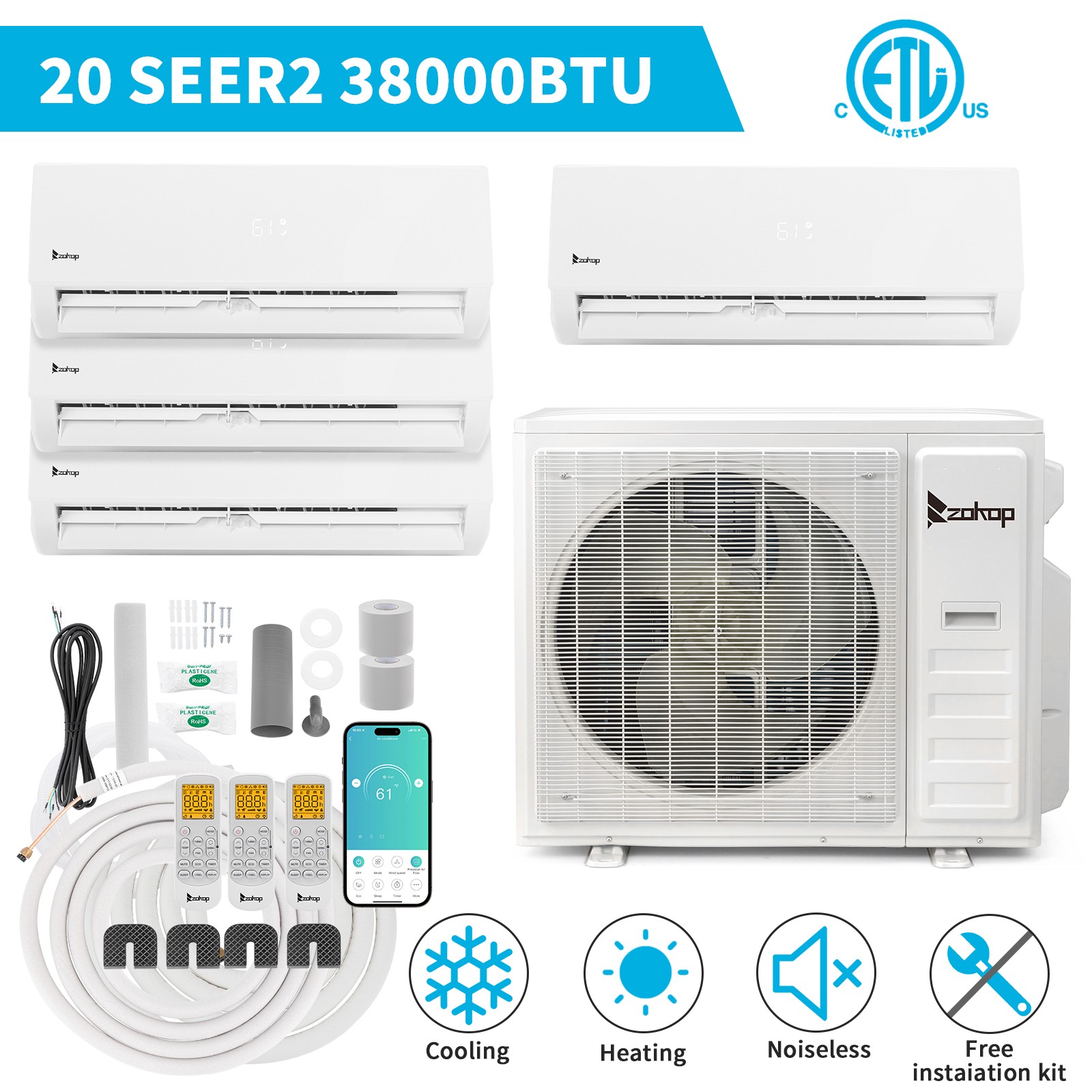 38000 BTU 4 Zone AC Ductless Mini Split Air Conditioner Heat Pump: 9K+9K+12K+18K