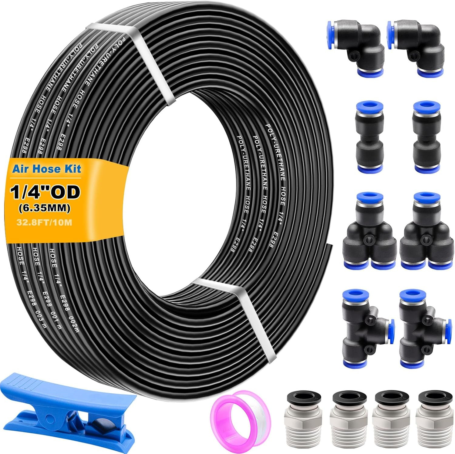 Air Line Tubing Kit,1/4″ Air Hose,1/4″ (6.35MM) OD 32.8FT Polyurethane PU Air Ho