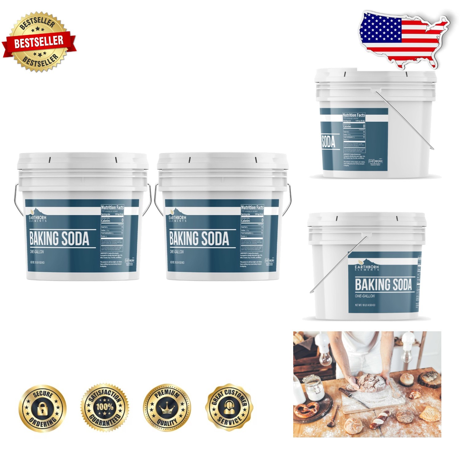 Pure Baking Soda 1 Gallon Tubs 320oz Sodium Bicarbonate Cooking Deodorizing
