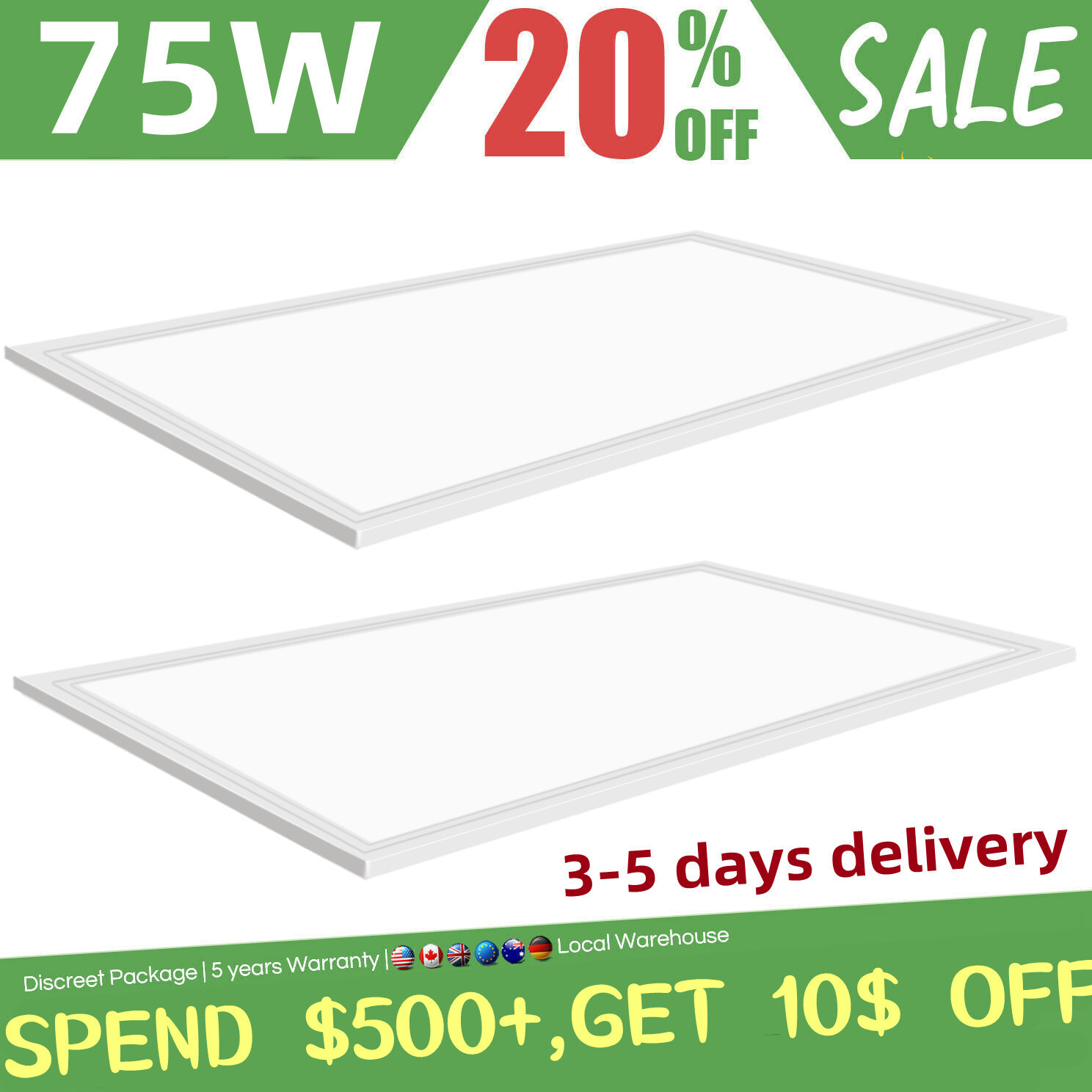 2×4 FT LED Flat Panel Troffer Light, 75W 8400LM Drop Ceiling Lights, 5000K White