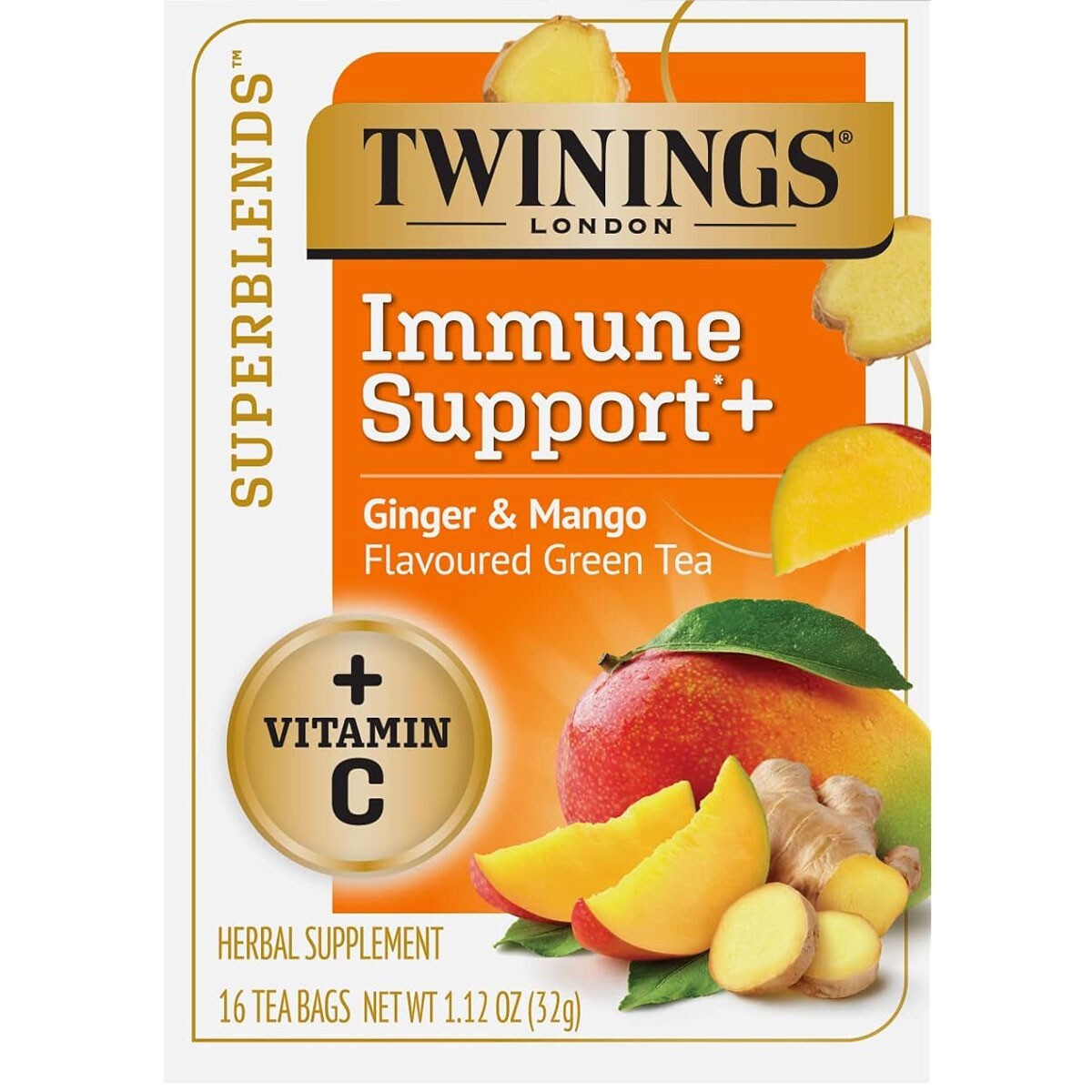 Twinings Superblends Immune Support Ginger & Mango Green Tea-16 bags (Pack of 2)