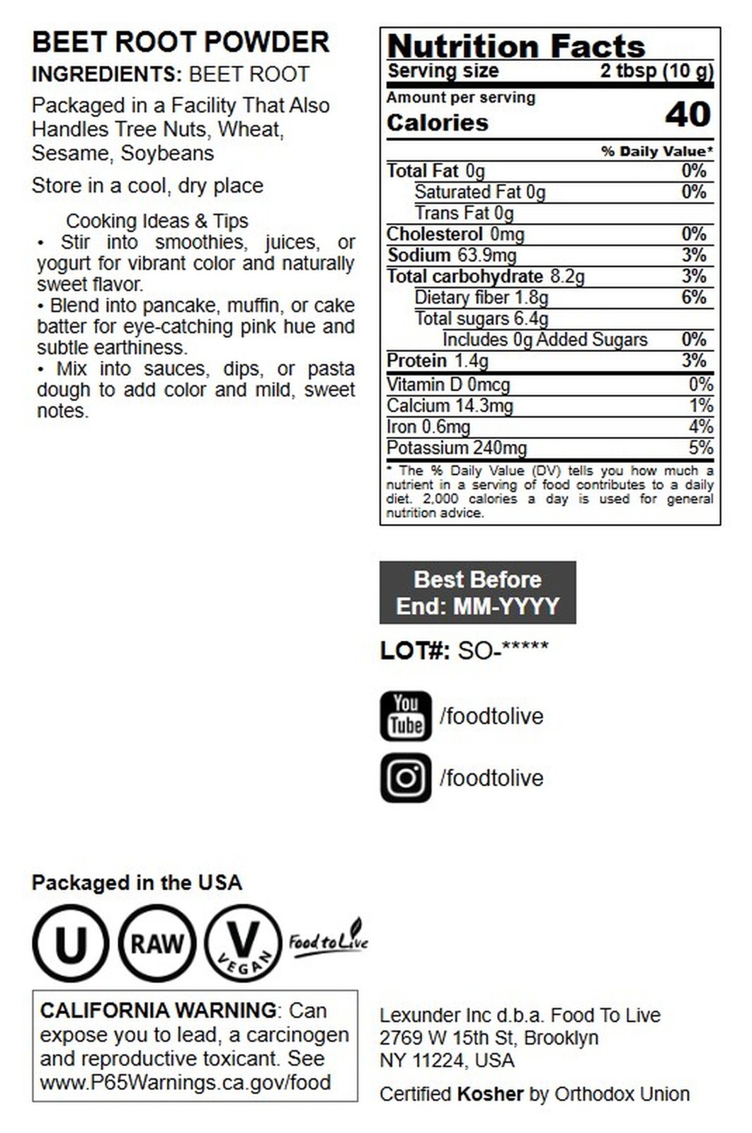 Beet Root Powder – Kosher, Raw, Vegan – by Food To Live