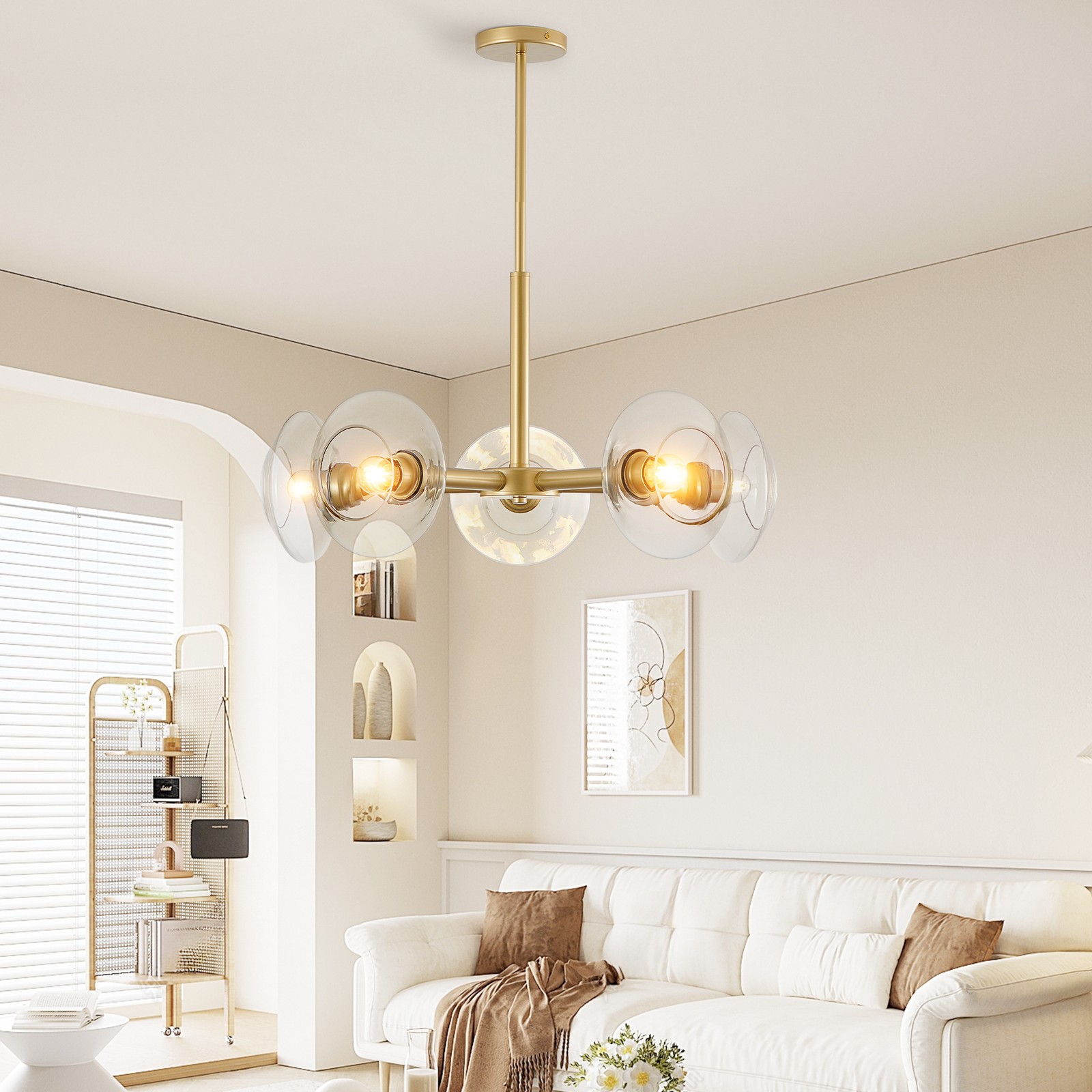 27″ Elegant Pendant Light with Clear Glass Shade Gold Chandelier Modern Fixture