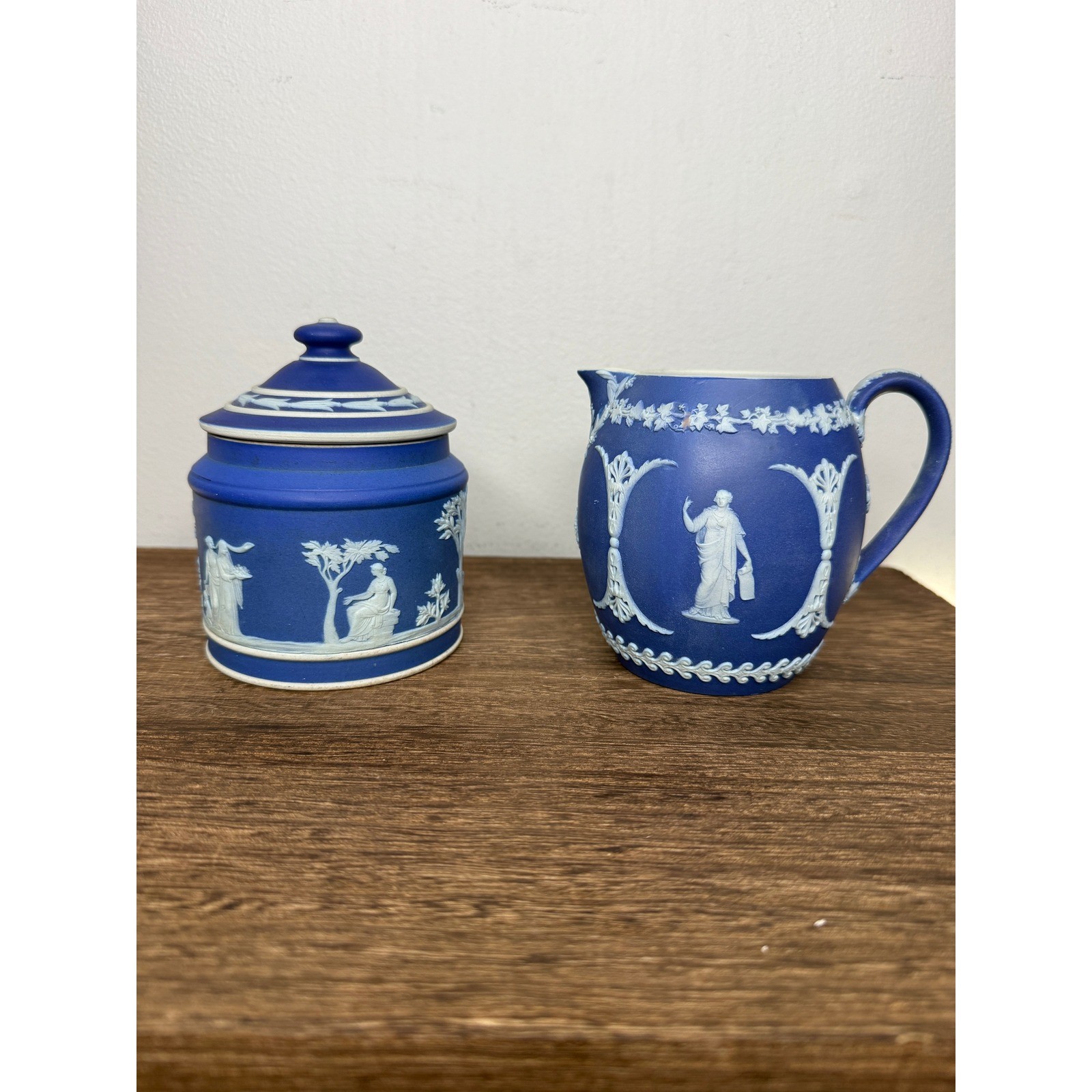 Lot of 2 Vintage Jasperware Blue Creamer and Sugar Pot Set Classical Figures