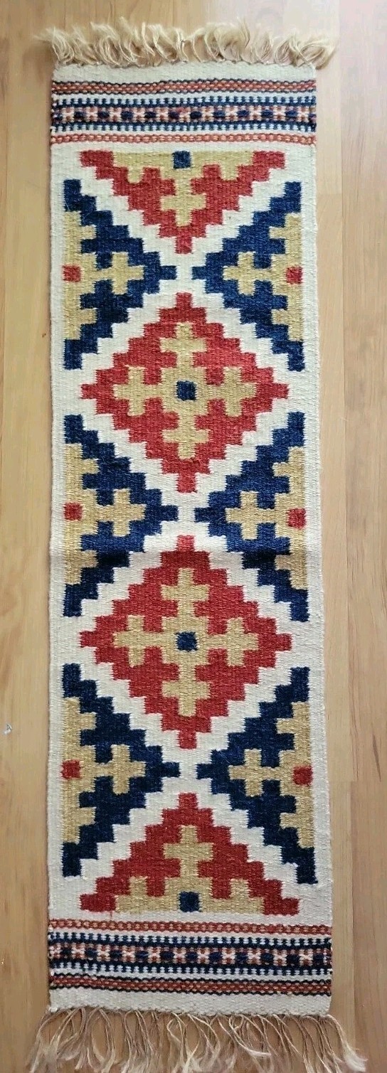 Handwoven Wool Runner Or Hanging Blue White Red Gold 12 In By 42 In Plus Fringe