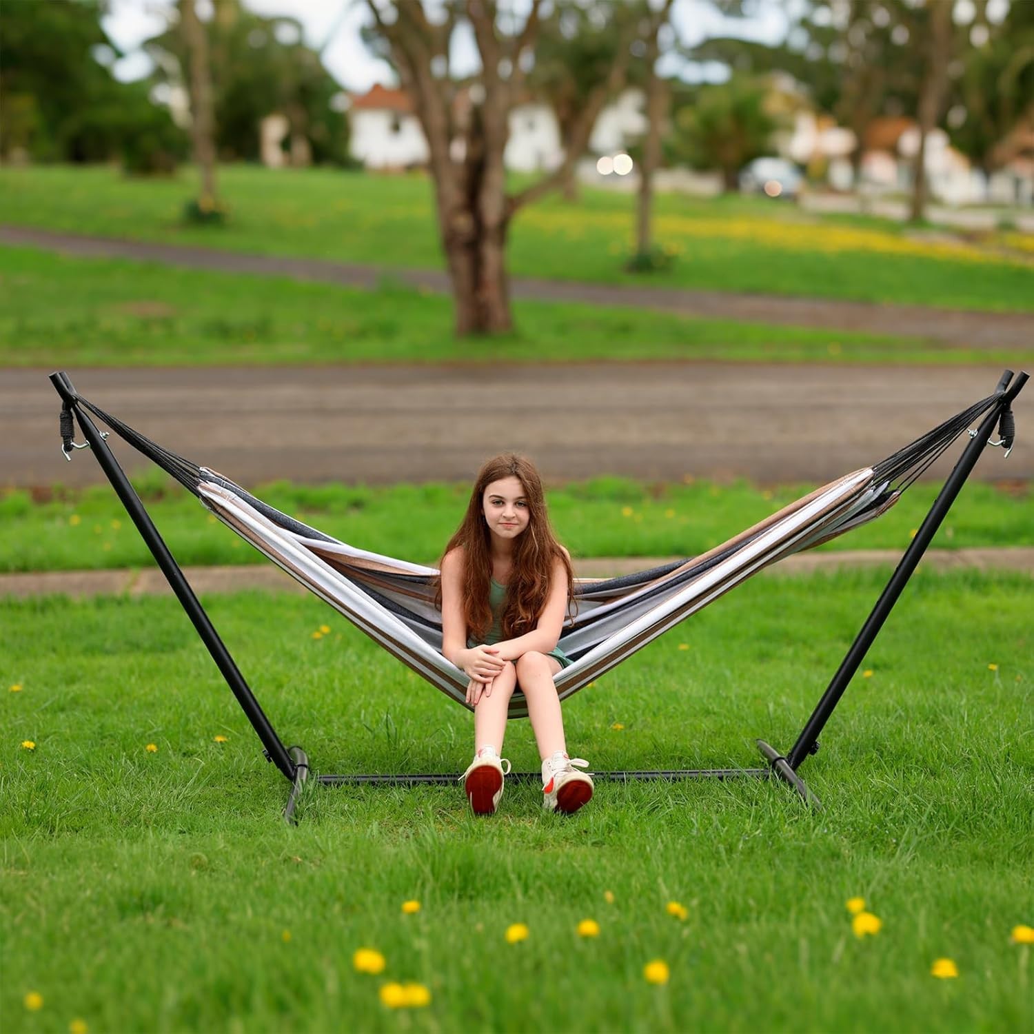 SZHLUX Double Hammock with Stand Included 450Lb Capacity Steel Stand, Premium Ca