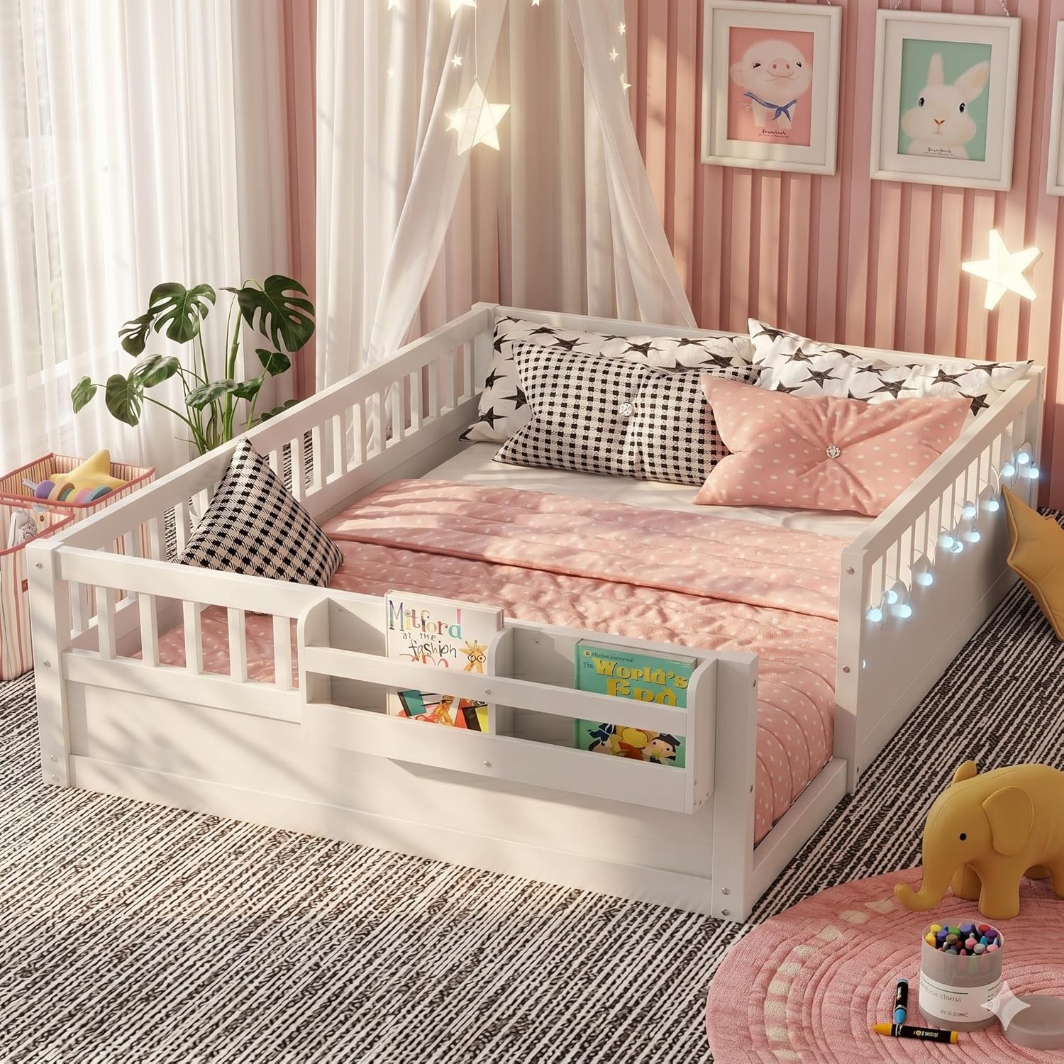 Full Toddler Floor Bed with High Rails, Wooden Montessori Bed Frame with Light