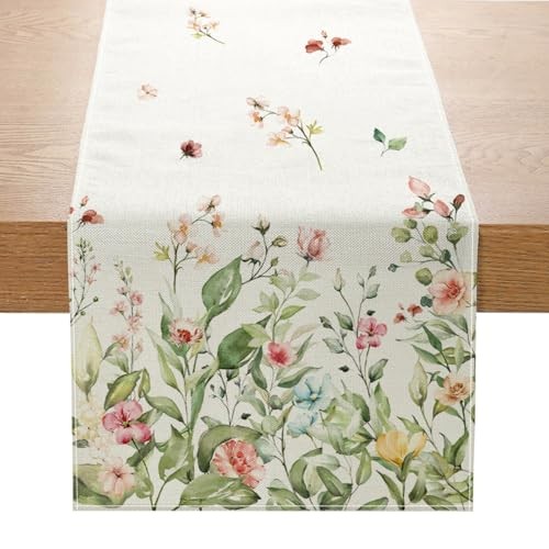 Spring Wildflowers Table Runner 13×72 Inch 13″W x 72″L Wildflower Green Leaves