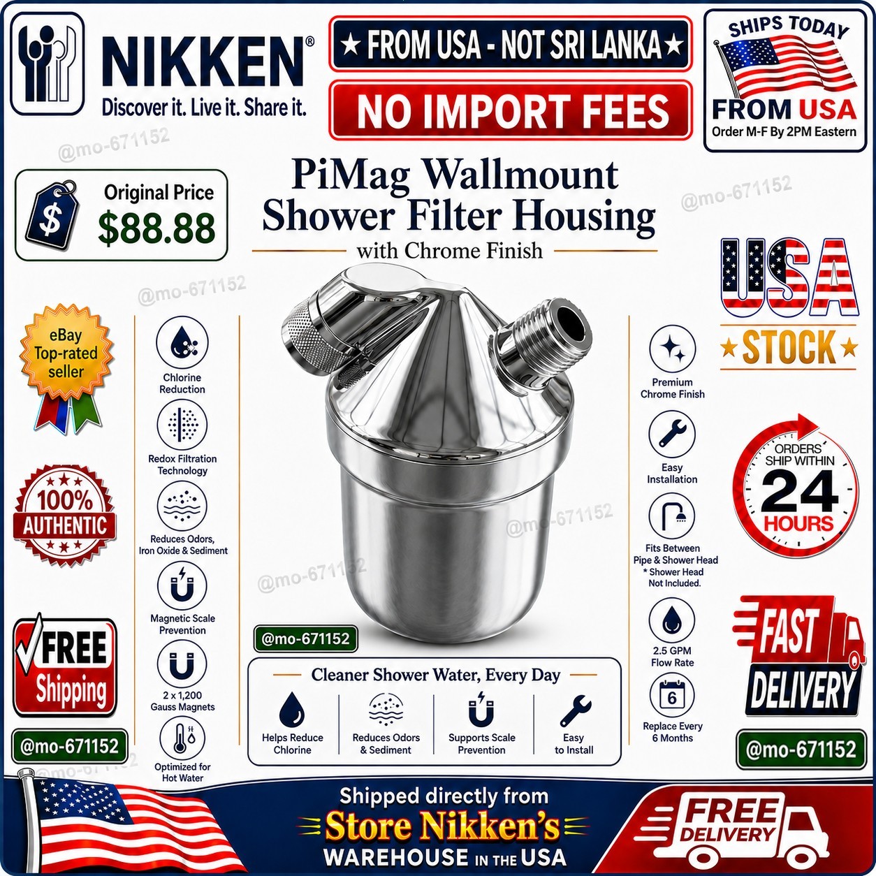 Nikken PiMag Wallmount Shower Filter Housing Chrome Finish #13912 2.5 GPM -NEW🔥