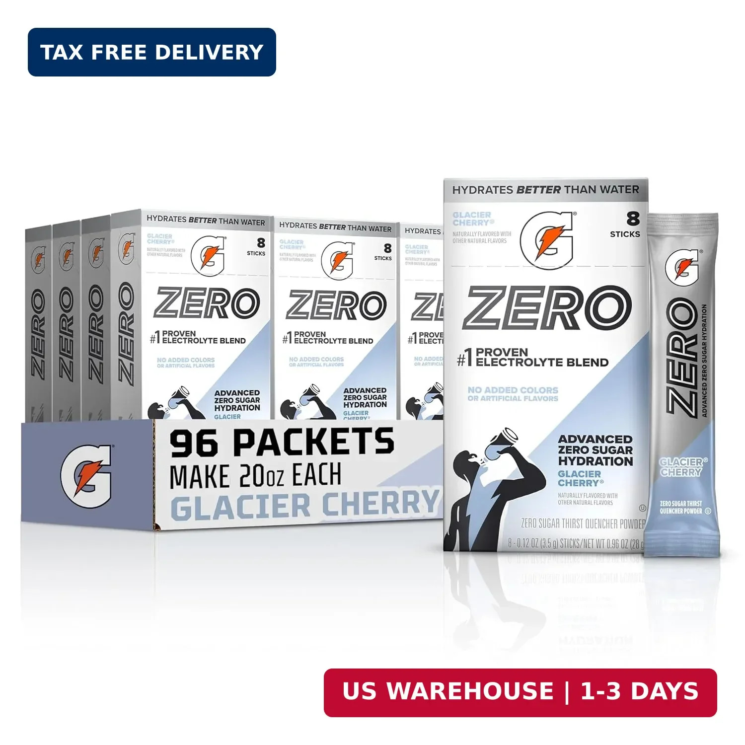 Zero Sugar Electrolyte Powder Drink Mix, Glacier Cherry, (96 Servings), No Artif