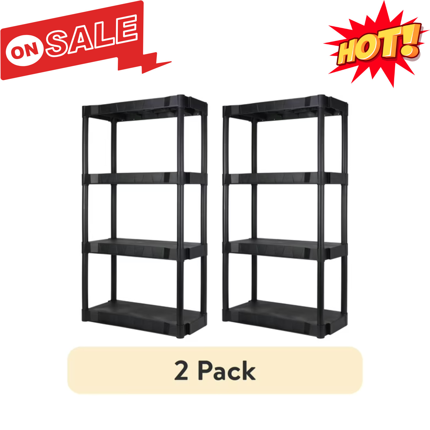 2 Pack Hyper Tough Black Plastic 4-Tier Shelving Unit 280 lb Capacity Total