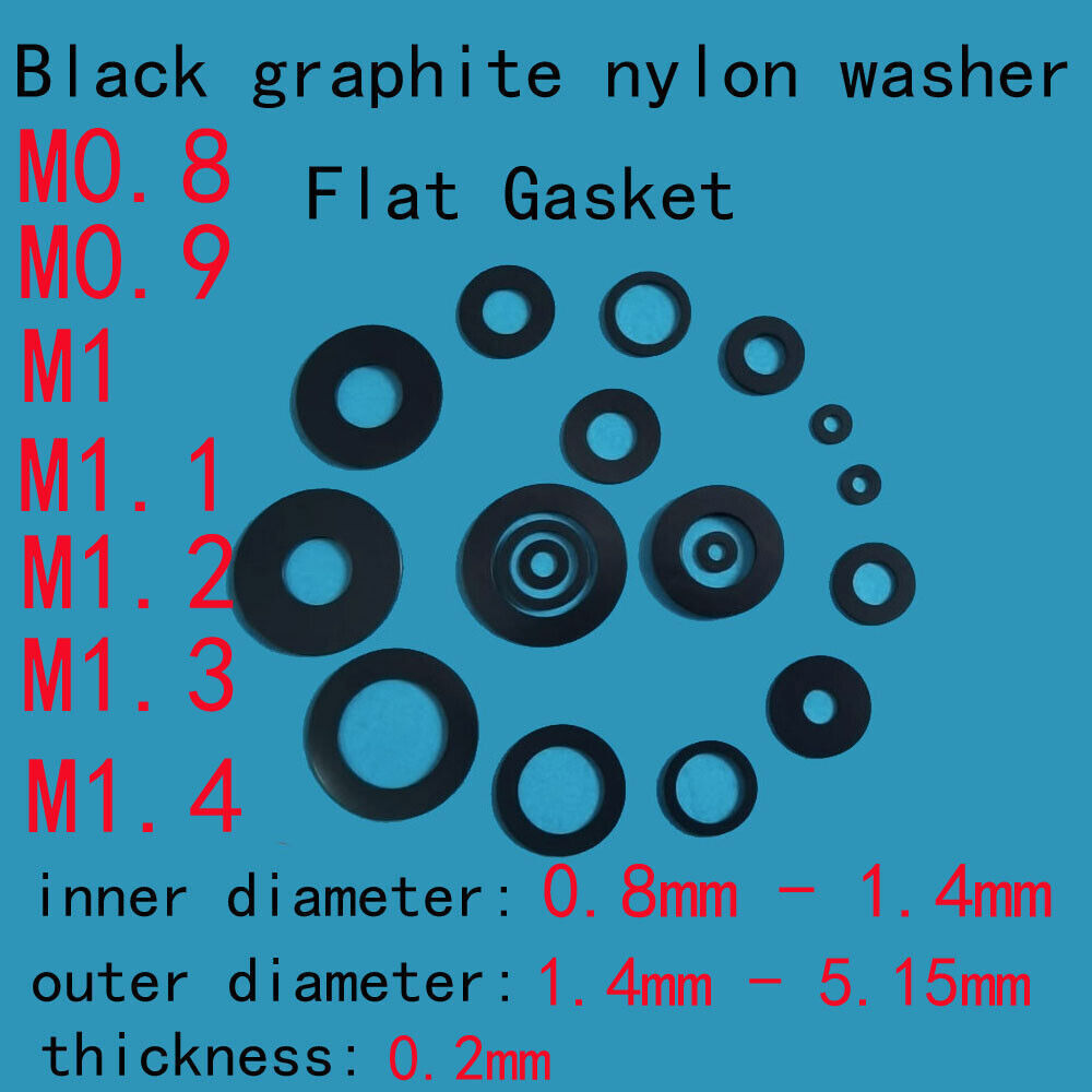 0.2mm Thick M0.8-M1.4 Black Graphite Nylon Washers Flat Gasket 1.4mm-5.15mm OD