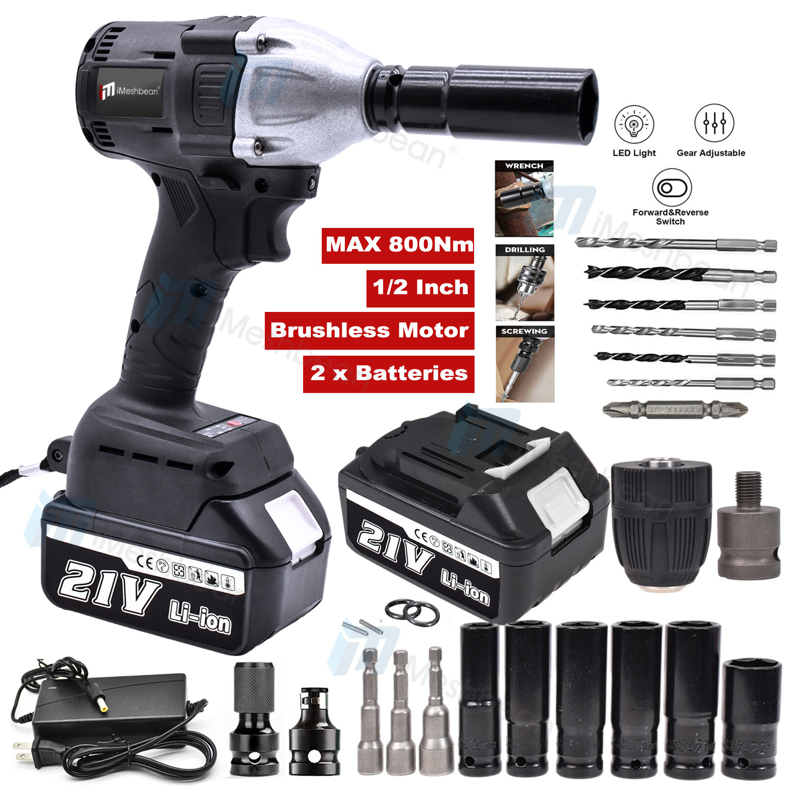 Cordless Electric Impact Wrench Gun 1/2” Driver 880Nm/Li-ion Battery High Power
