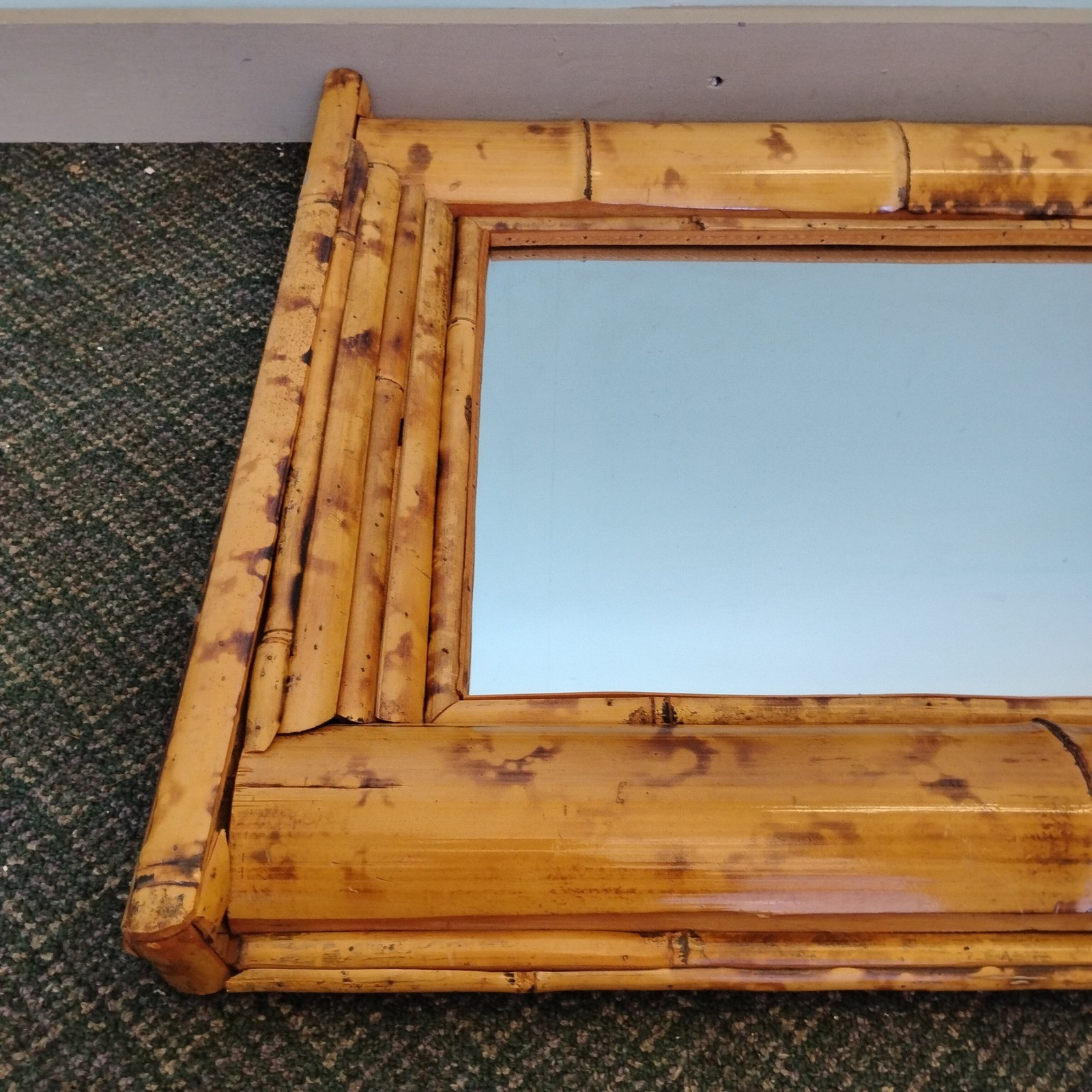 Burnt Split Bamboo Wall Mirror Pediment Top Boho 32×25 Tiki 60s Unique Large