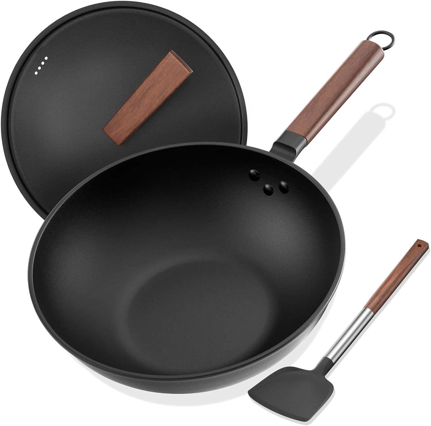 Carbon Steel Wok 13-In Pre-Seasoned Non-Stick Lid Spatula Flat Bottom Ideal