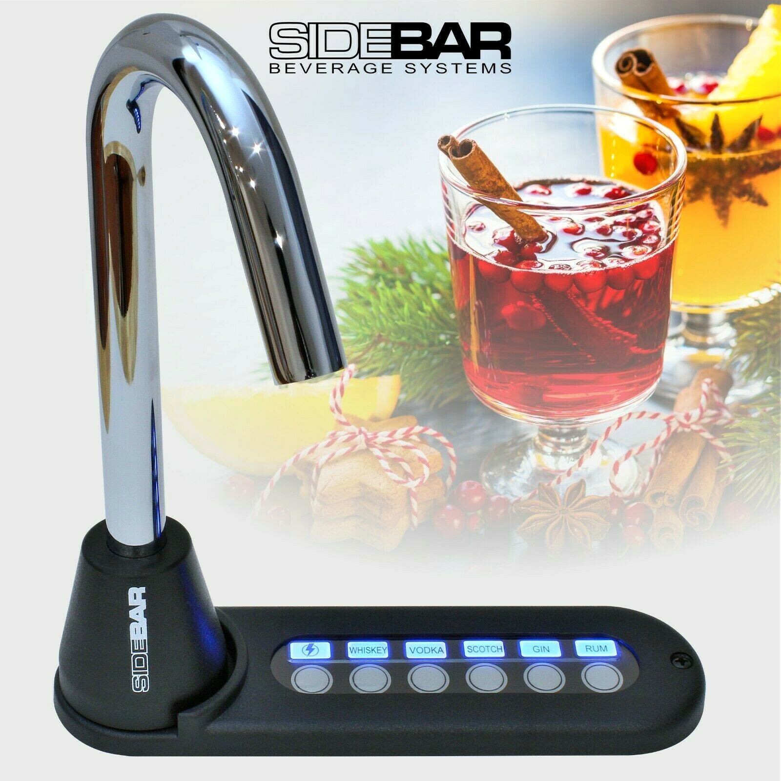 SIDEBAR BEVERAGE SYSTEMS LIQUOR DISPENSER, BLUE LED, CHROME – NEW 6880 VERSION