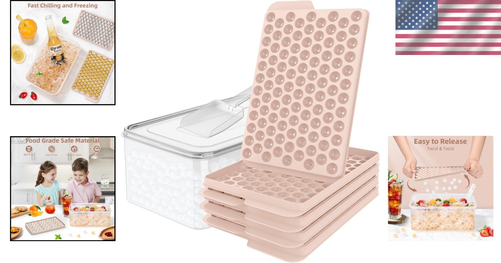 4-Pack 0.55” Tiny Pebble Ice Trays with Storage Bin – Perfect for Iced Coffee
