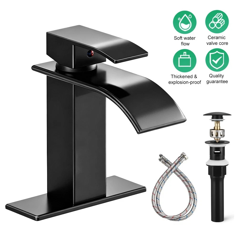 Black Matte Bathroom Sink Faucet Single Handle Waterfall Vessel Mixer Taps