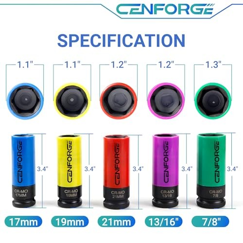 1/2″ Drive Lug Nut Socket Set, Metric 13/16 in., 7/8 in., 17 mm, 19 mm, 21 mm