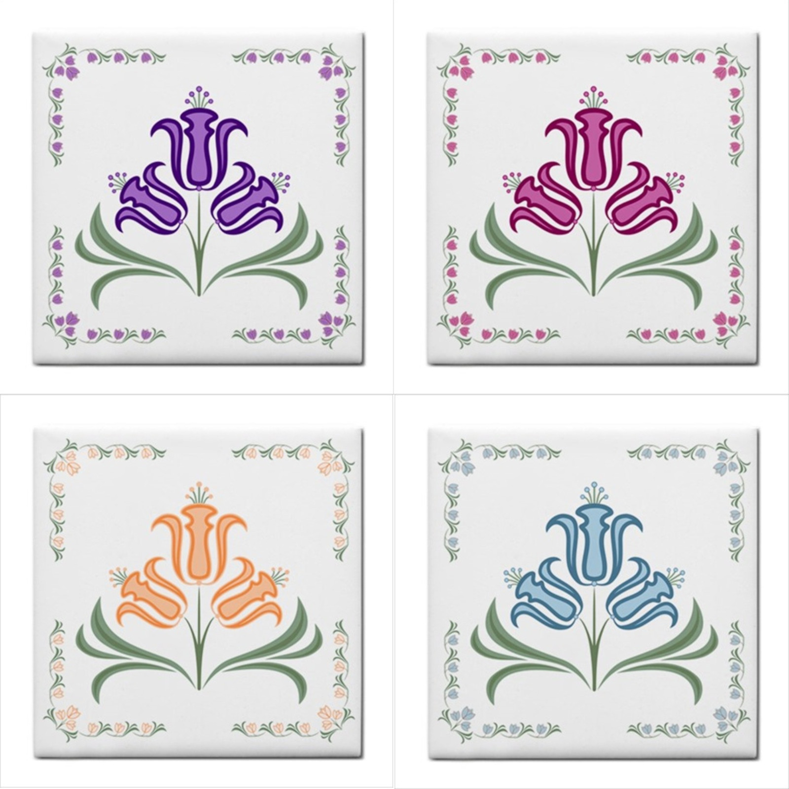Art Deco Flowers Ceramic Tile Set Of 4 Tiles Backsplash 4.25 Inches