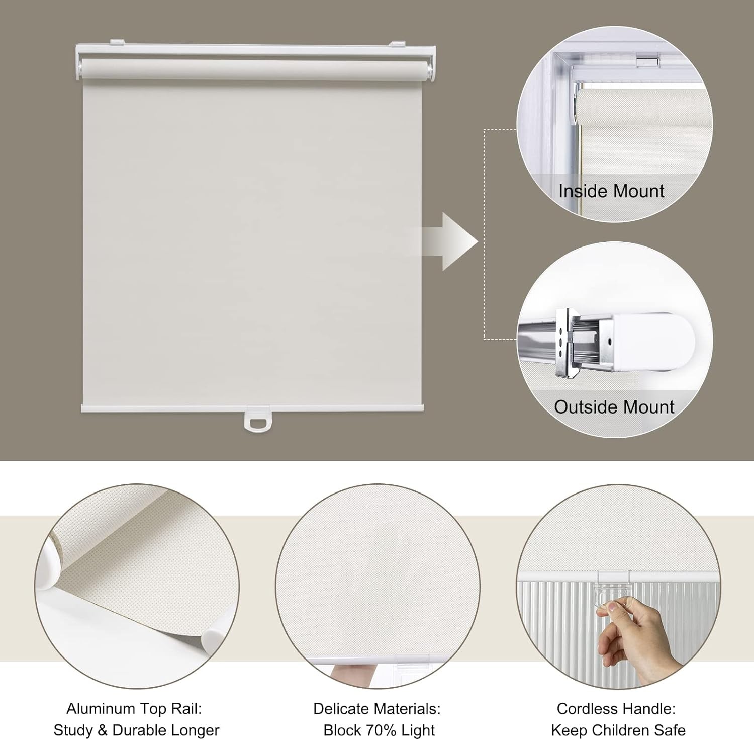 Cordless Roller Shades for Windows Light Filtering Shades with 5% Openness Solar