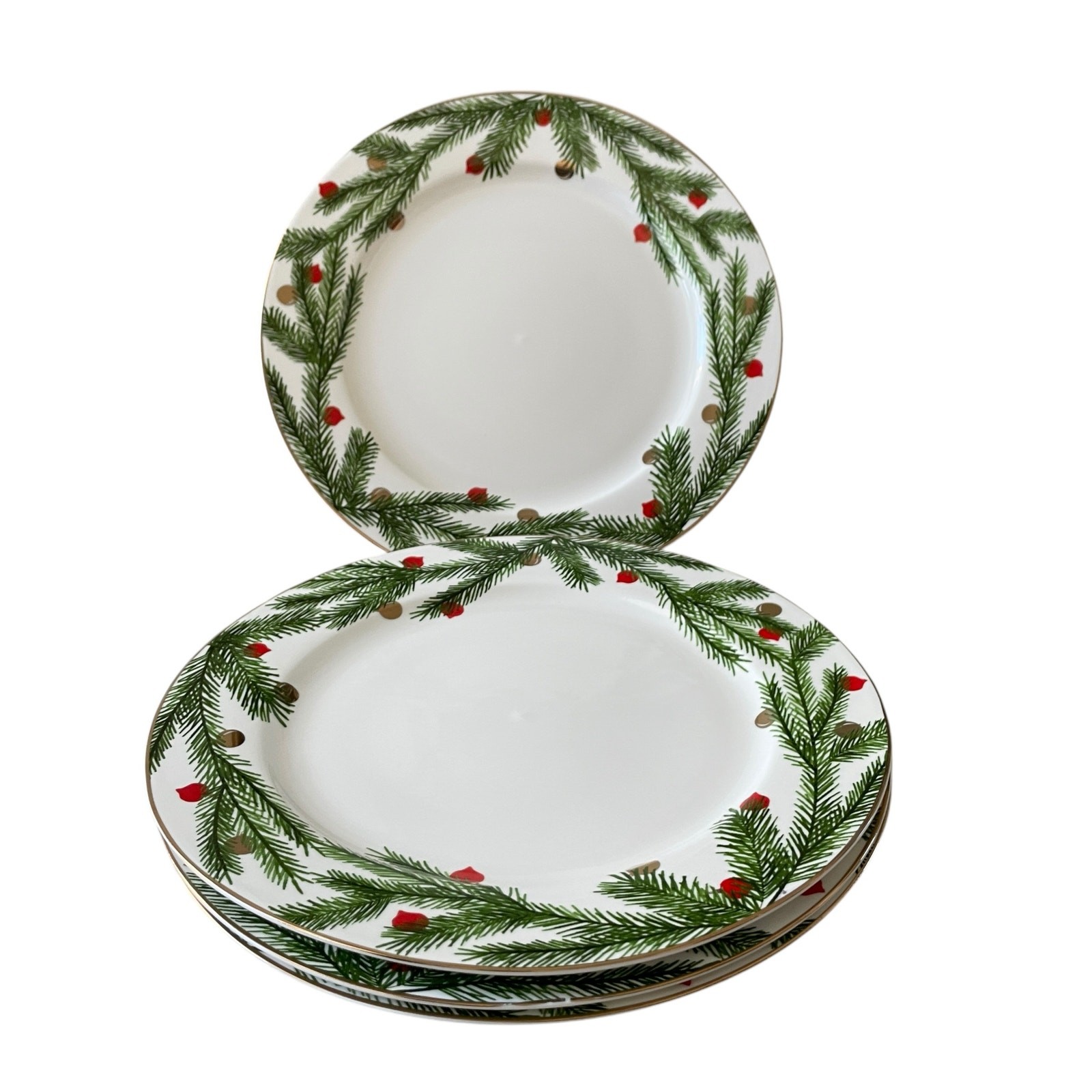 NEIMAN MARCUS Christmas Pine Dinner Plates 12.6in Holiday Green White Set 4 New