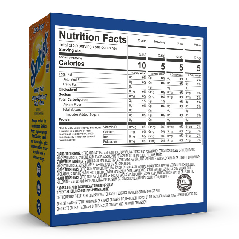 Sunkist Zero Sugar Variety Pack Singles-to-Go Powdered Drink Mix, 30 Count Packe