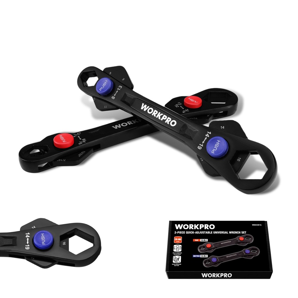 WORKPRO 2PC 12-in-1 Universal Adjustable Wrench Set 8-19mm Metric 5/16″-3/4″ SAE