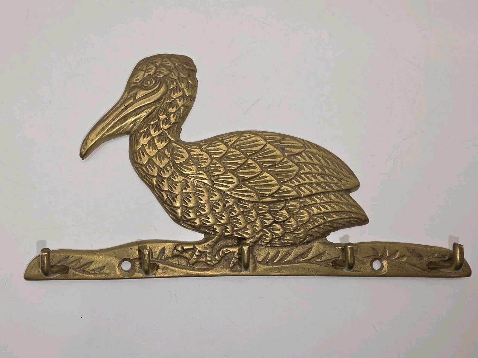 Vintage Detailed Brass Pelican 6 Peg/ Hook Key Holder Wall Mount