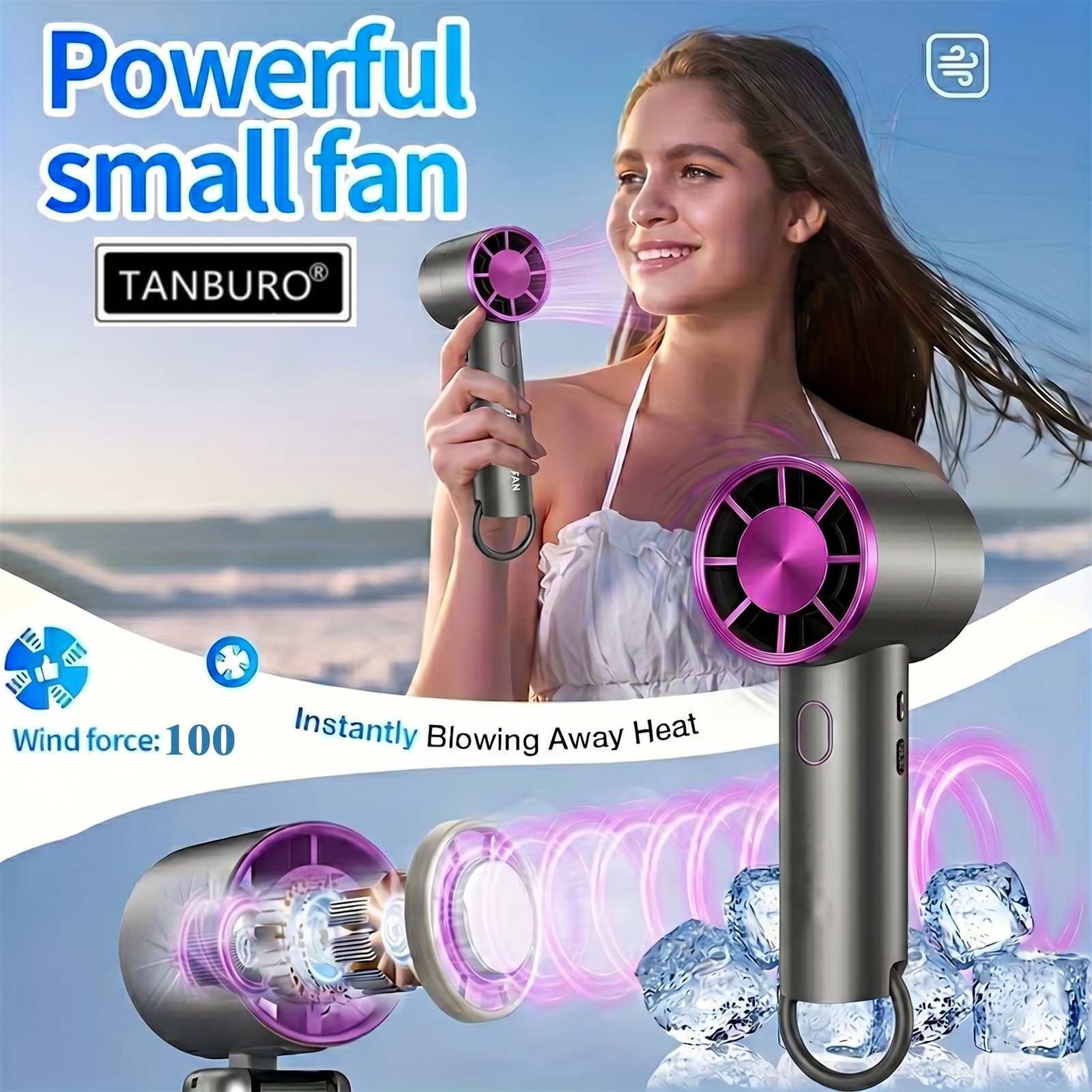 8000mAh Handheld Turbo Cooling Fan Rechargeable Portable Personal Fan 100 Speeds
