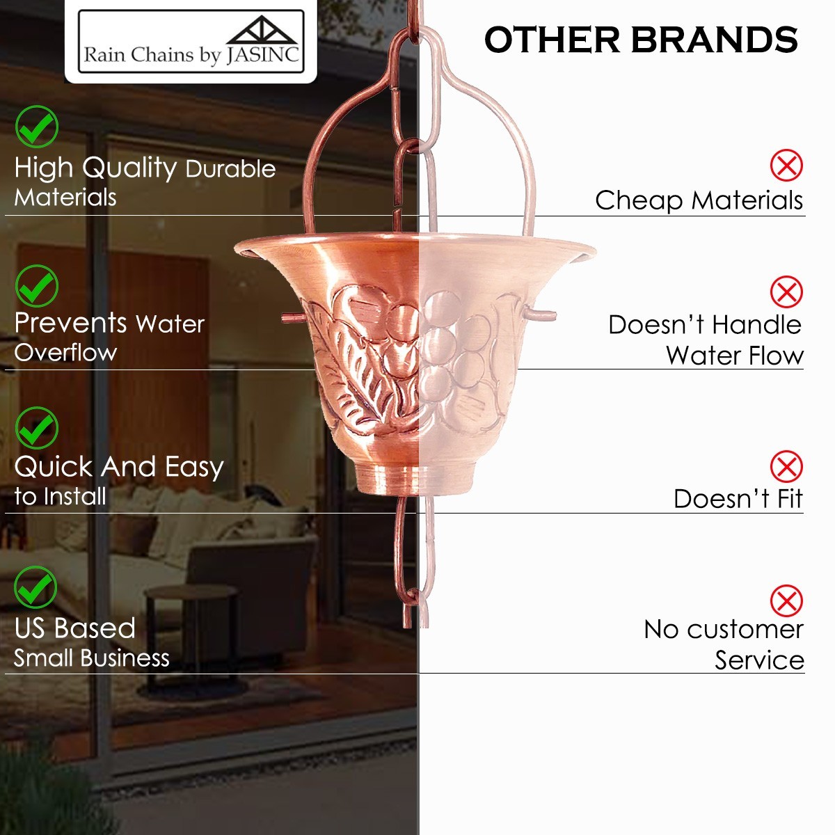 8.5 ft rain chain Pure Solid Copper Vinyard cups JAS8005C NEW