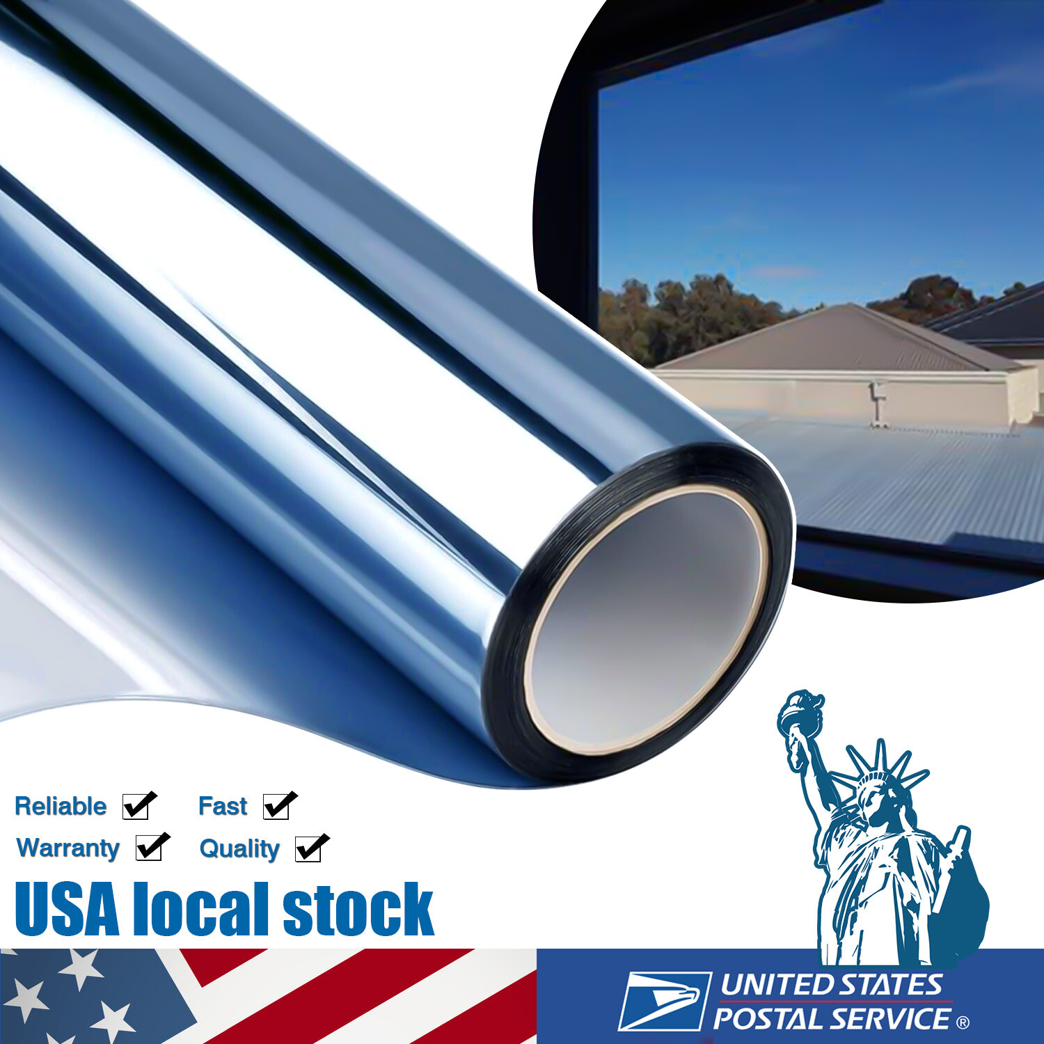 20″x16FT Uncut Roll Window Mirror Blue Chrome Tint Film New Home Office Glass