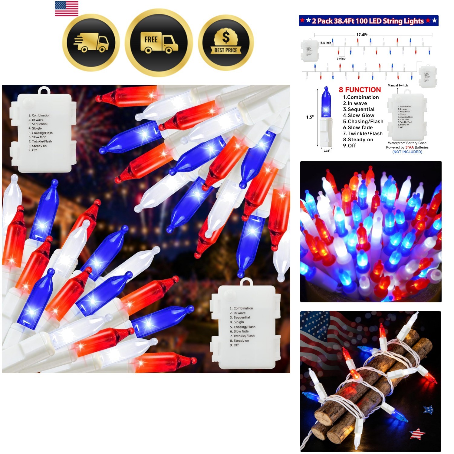 2 Pack 100 LED 38.4FT Red White and Blue Lights Battery Operated, Patriotic 4…