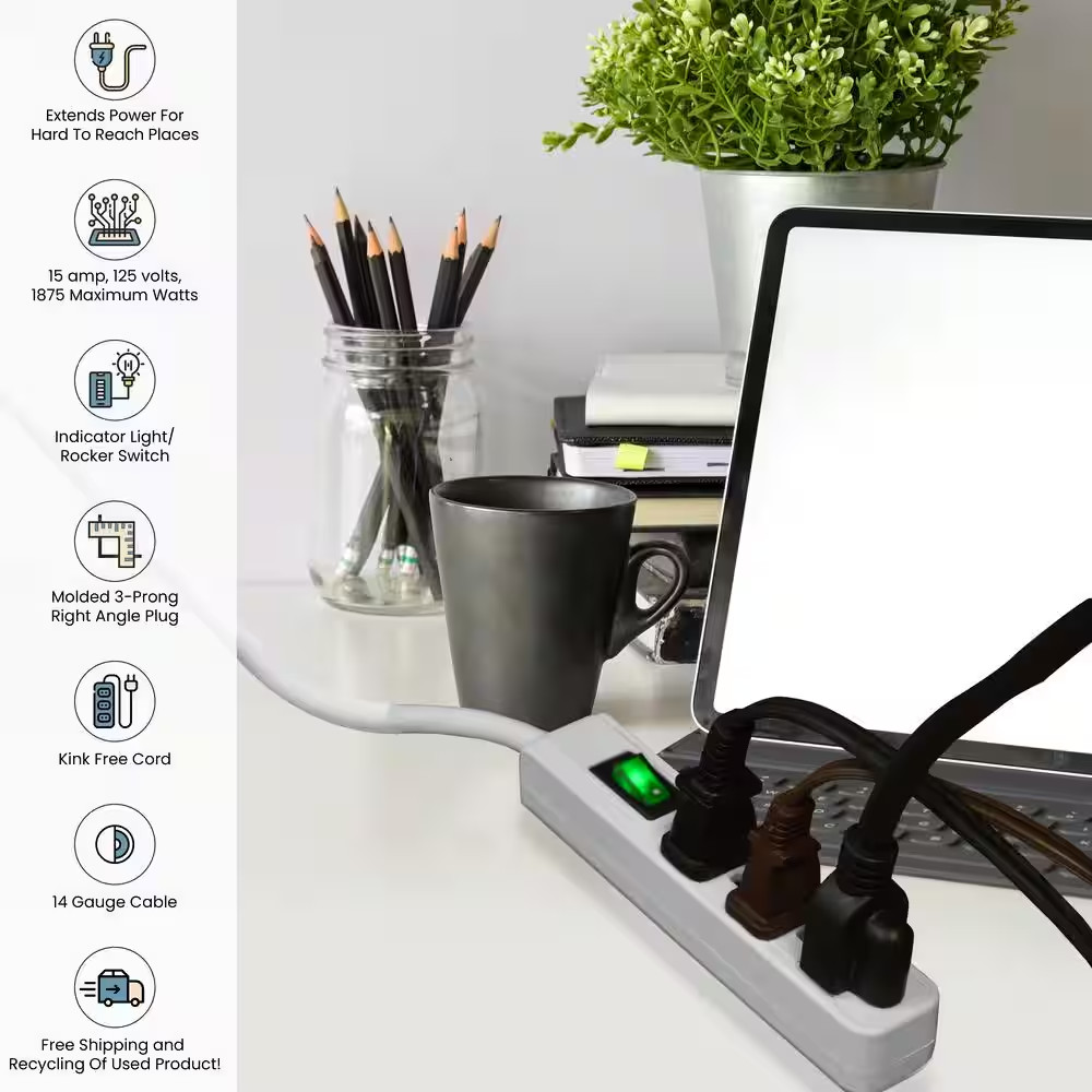 3 Outlet Power Strip Surge Protector with 2.5 Ft. Heavy Duty Cord
