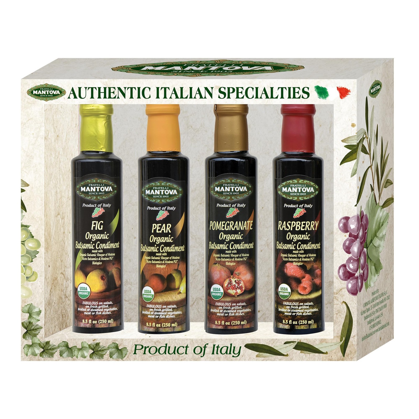 Organic Flavored Balsamic Vinegar of Modena 4 Variety Pack Fig, Pear