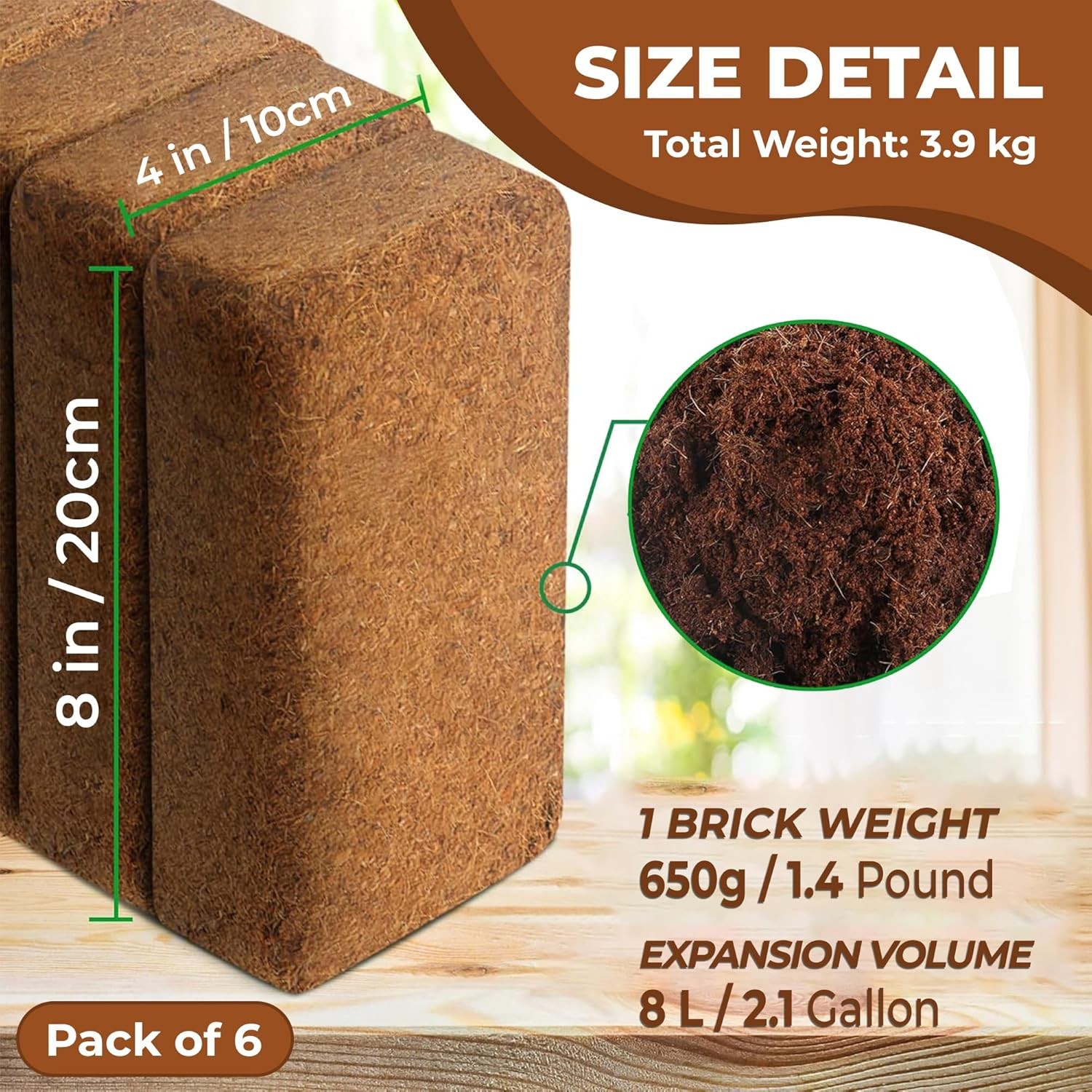 Compressed Coco Coir Bricks – 100% Organic, 650g x 6 Bricks – Expands to 8L Each