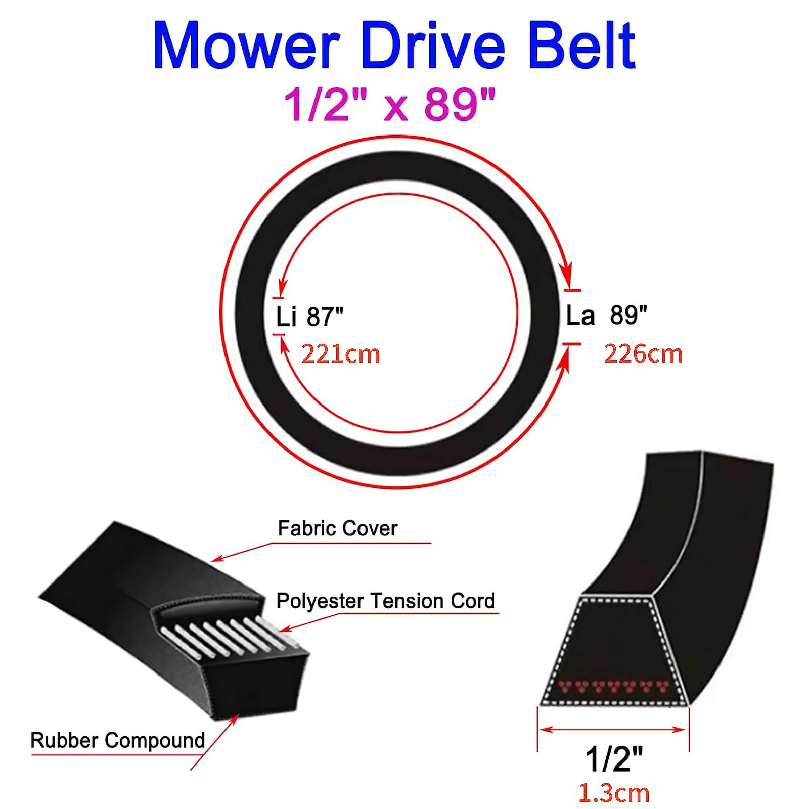 0.5in/1.3cm Width Transmission Mower Drive Belt Fits For John Deere X125-X165