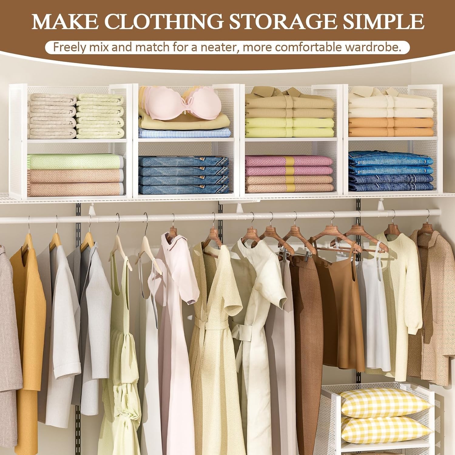 4-Tier Stackable Closet Organizers and Storage Basket, Wire Clothes Shelf Org…