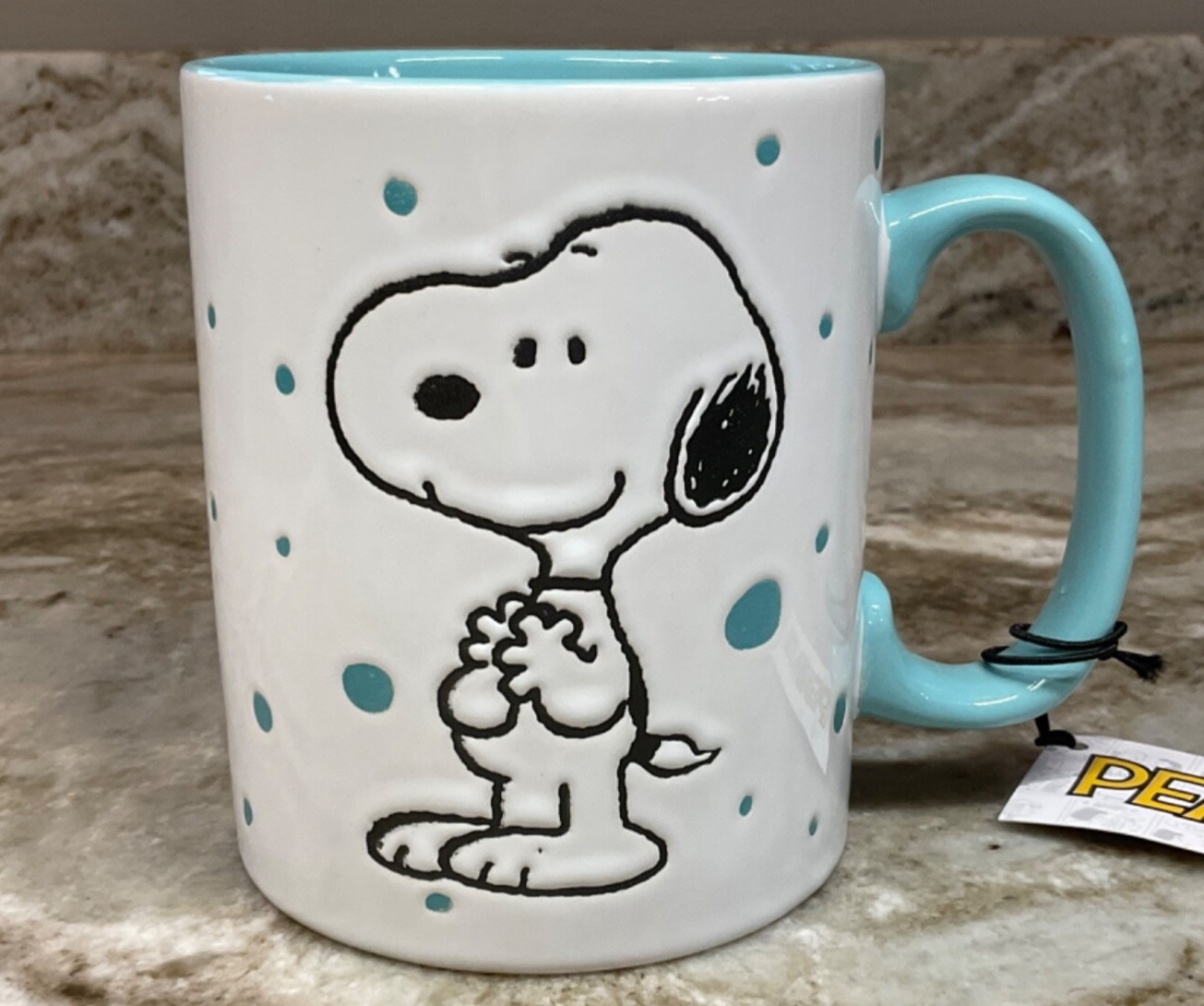 Large Coffee Mug Peanuts SNOOPY With Dots Light Blue Freckled Joy. 15 oz. New.