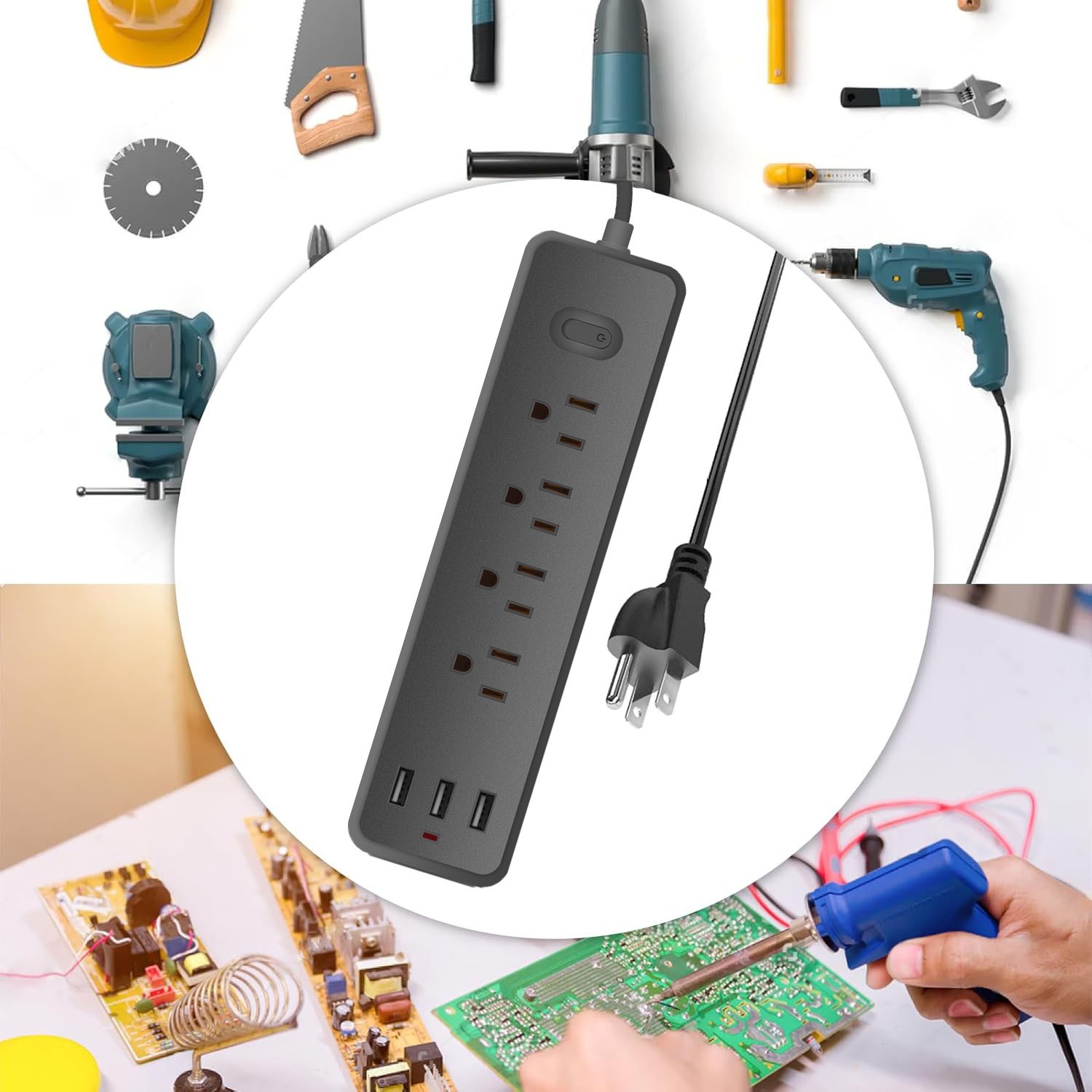 Power Strip Surge Protector 7-IN-1 Multi-functional Outlets Extension Cord 3 USB
