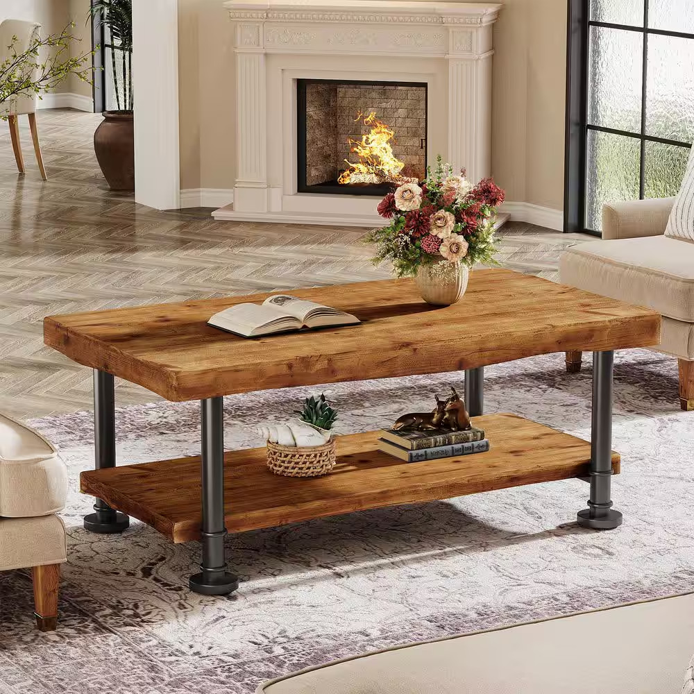 Allan 47.24 In. Rustic Brown and Black Rectangle Solid Wood Coffee Table with 2-