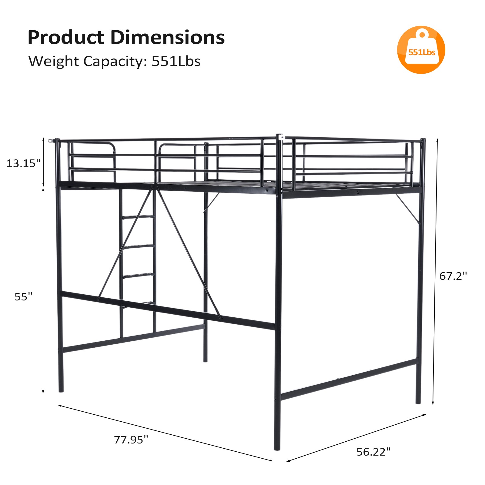 Loft Bed Full Size with Flat Rungs for Adults Kids Young Teens Metal Slat