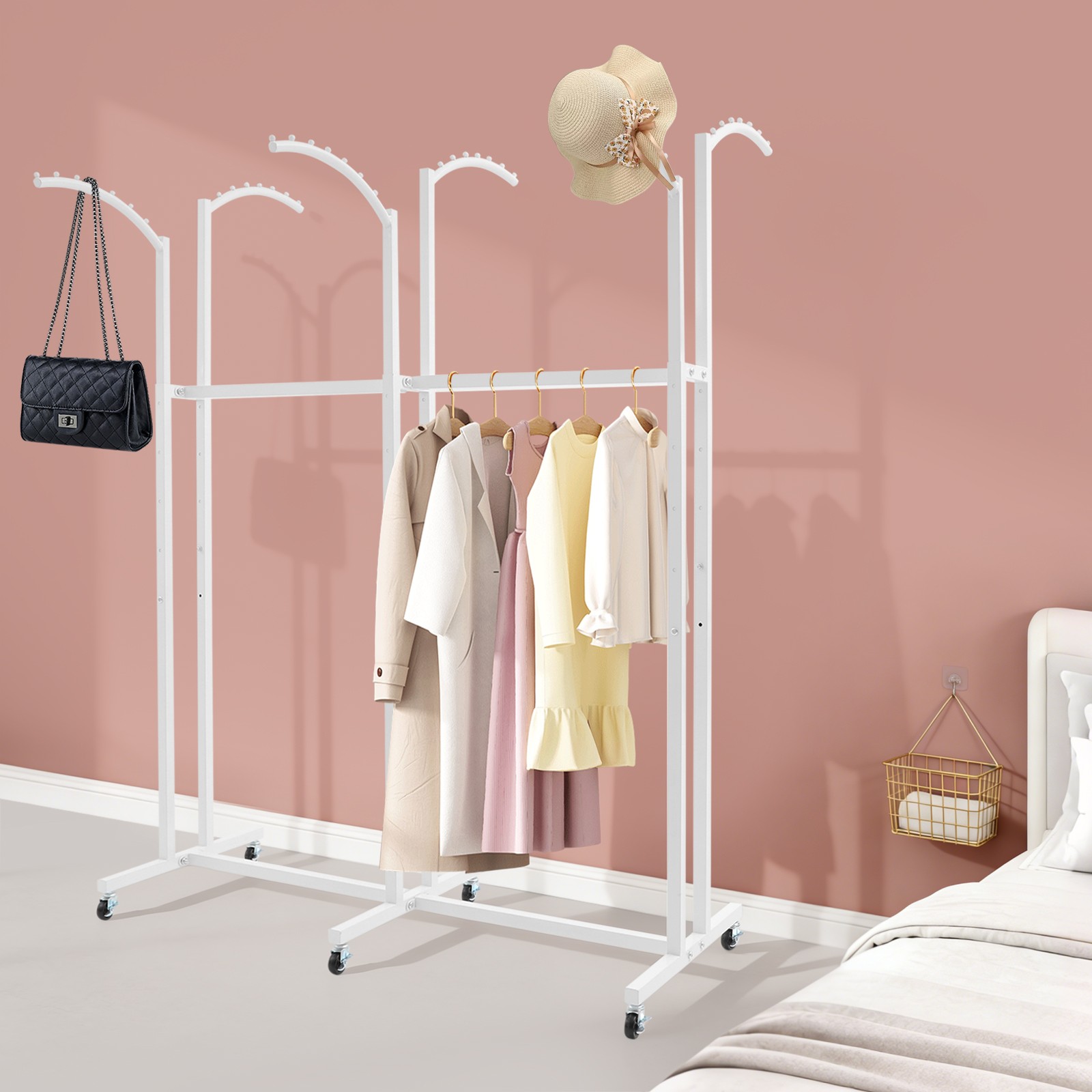 White 6 Arms Clothing Display Rack With Wheels, 55.12-70.87in Adjustable Height